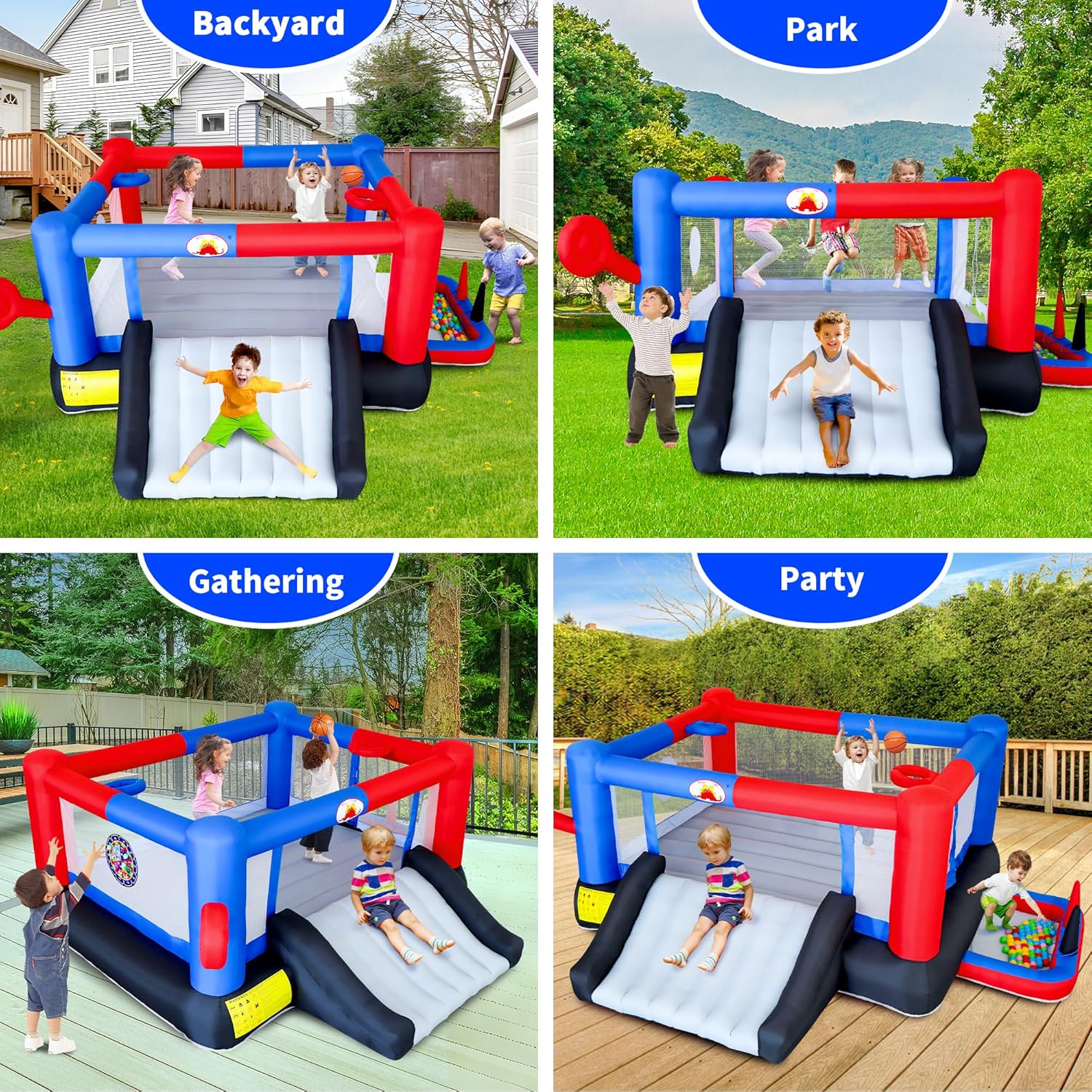 Inflatable Bounce House with Slide, 160 x 138 x 60 Inch Bouncer with Air Blower, 7 in 1 Jumping Castle for 4 Kids, Ball Pit, 2 Basketball Hoops, Ringtoss, Dartboard