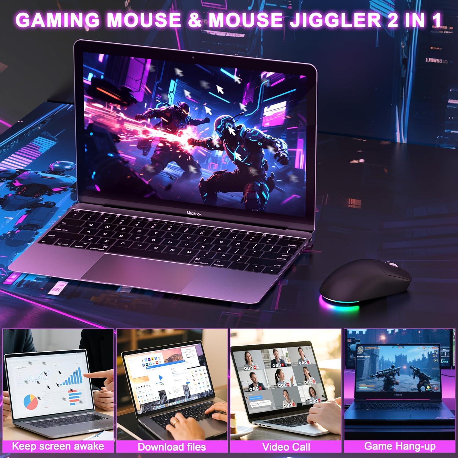 Bluetooth Wireless Gaming Mouse for Laptop Mac PC iPad Apple, Ergonomic Rechargeable Computer Mice with Jiggler Mode, 8000 DPI RGB Gaming Mouse Wired/Bluetooth 5.3/2.4G USB 3 Mode Connect - Black
