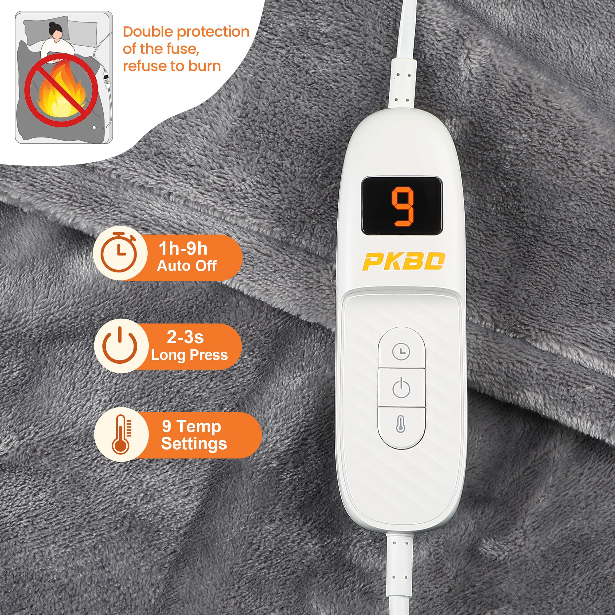 PKBD Heizdecke 190x130CM,Flanell Elektrische Wärmedecke mit Abschaltautomatik,9 Heizstufen,9 Stunden Auto-Off-Timer,Überhitzungsschutz,Waschbar,Home & Office,Grau