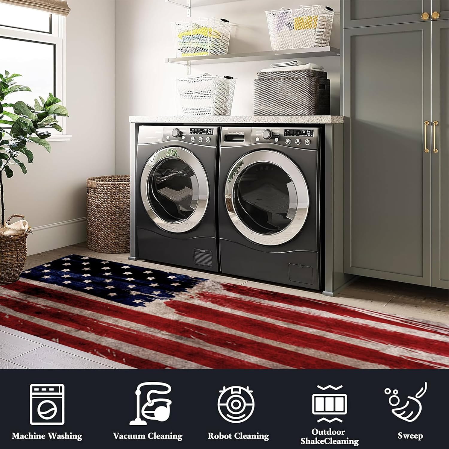 Independence Day Long Hallway Runner Rug, 2x6ft, Retro Red Blue Stars Patriotic American Flag Rugs, Cozy Machine Washable Vintage Decor Rugs for Hallway Entryway Dining Room