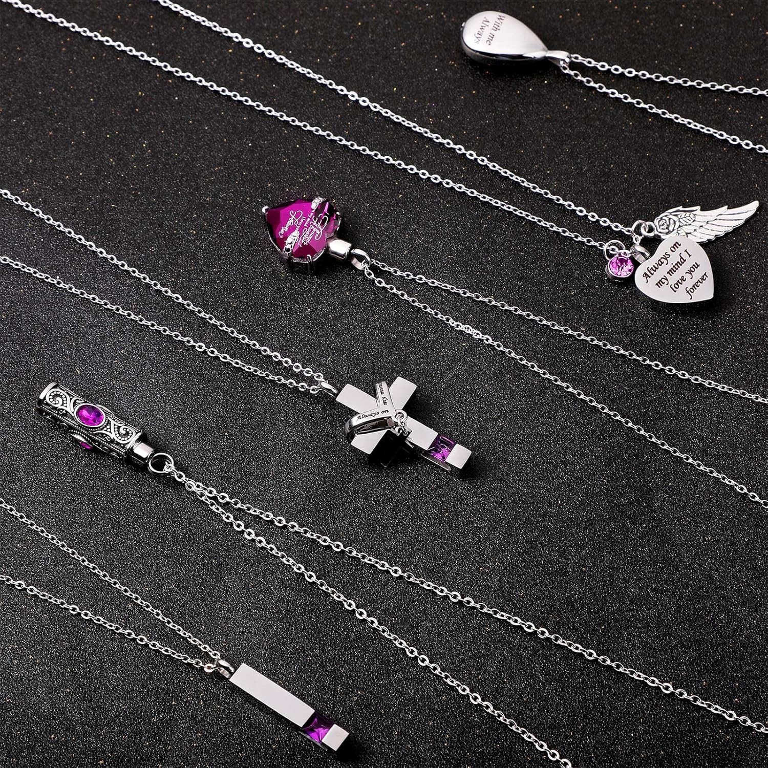 Jexine 10 Pcs Urn Necklace For Ashes Cremation Jewelry Wings Tear Drop Cross Crystal Ashes Necklace Stainless Steel Zircon Memorial Locket Vertical Bar Heart Waterproof Keepsake For Men