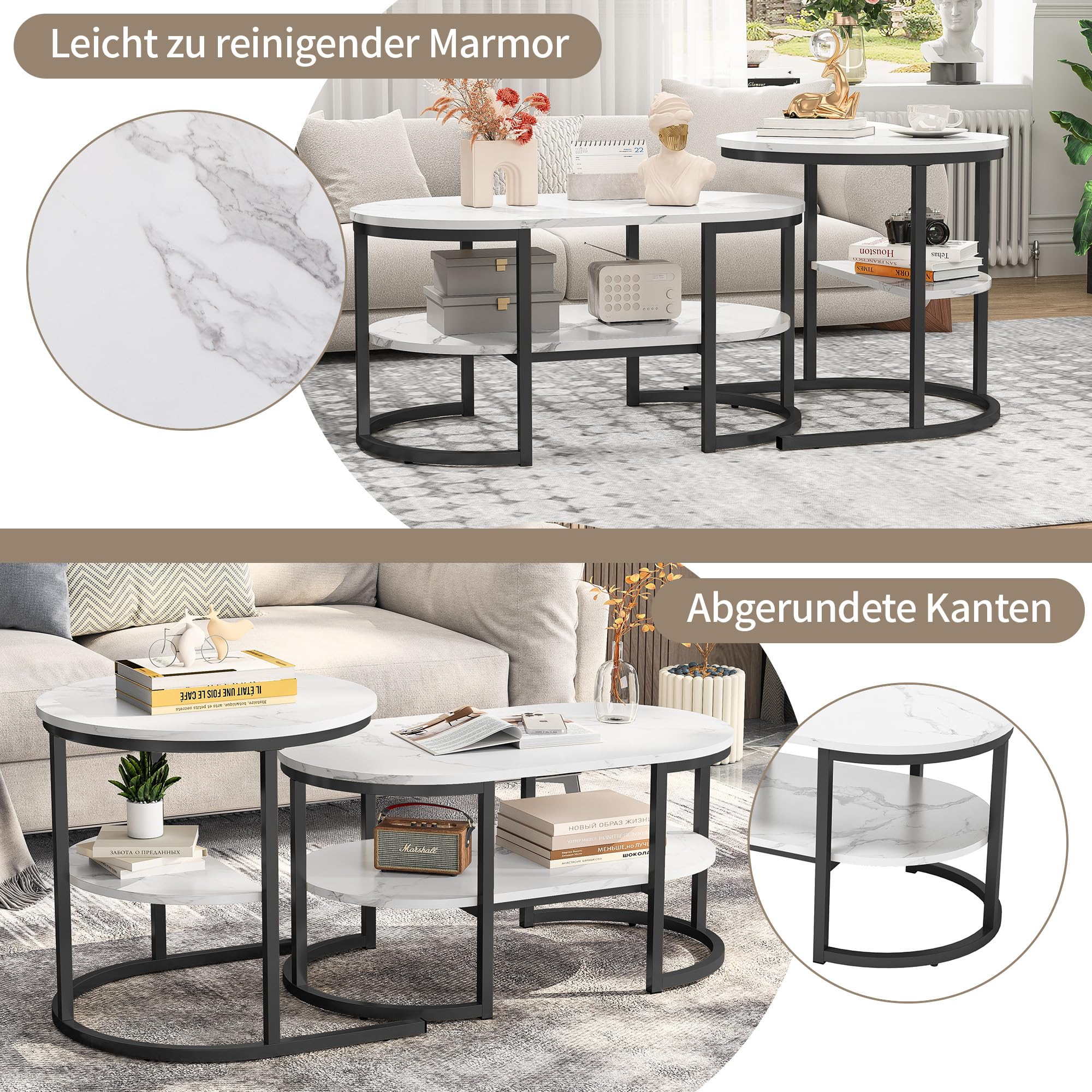 Couchtisch 2er Set,2 in 1 Wohnzimmertisch mit stauraum,Moderne Sofatisch Couchtisch Rund und Oval in Marmor Optik,Metallrahmen satztische fürs Wohnzimmer,Beistelltisch Set