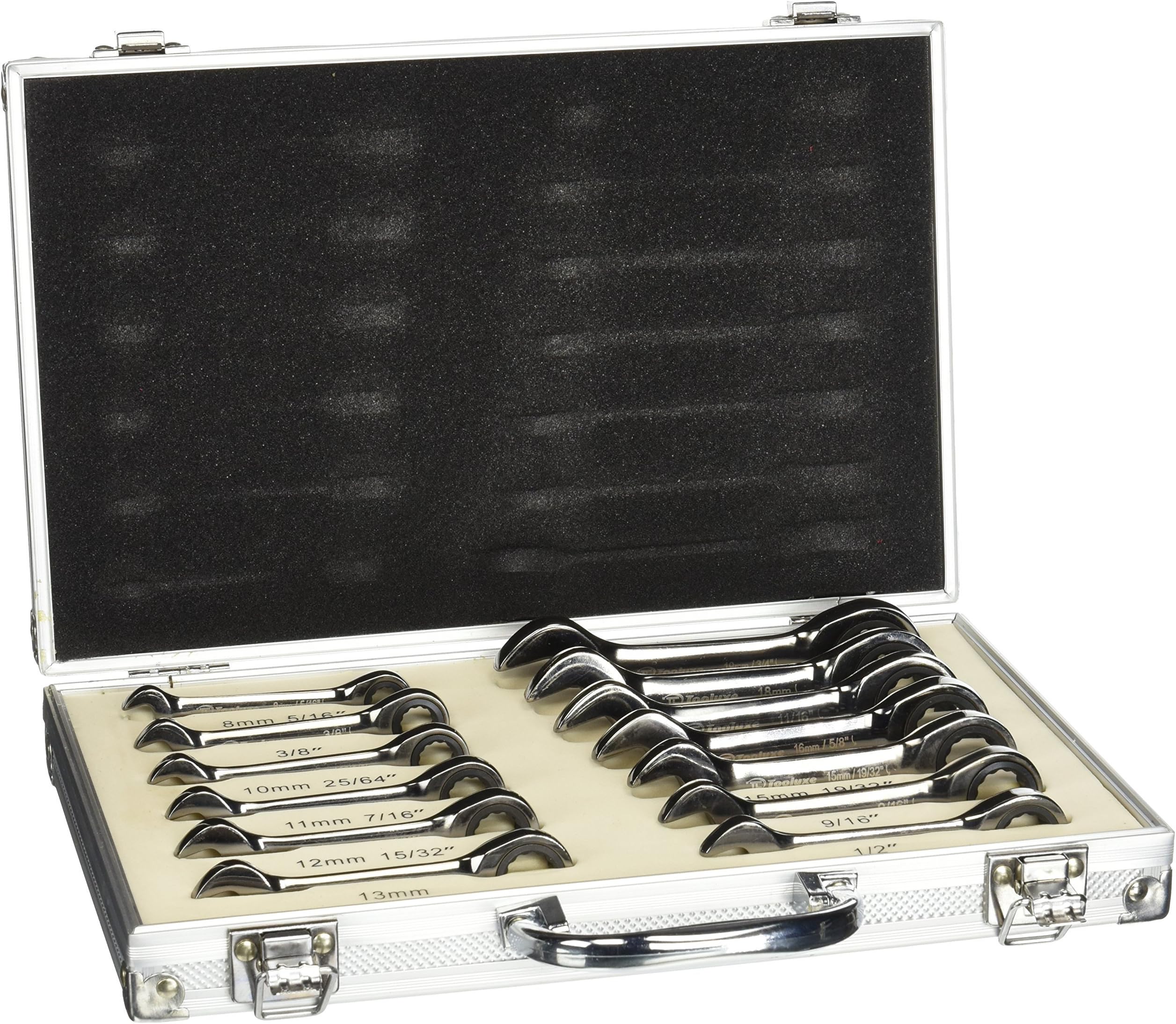 Tooluxe 03631L Duometric Stubby Ratcheting Combo Wrench Set, 13 Piece | Cr-V with Black Nickel Finish | SAE & Metric