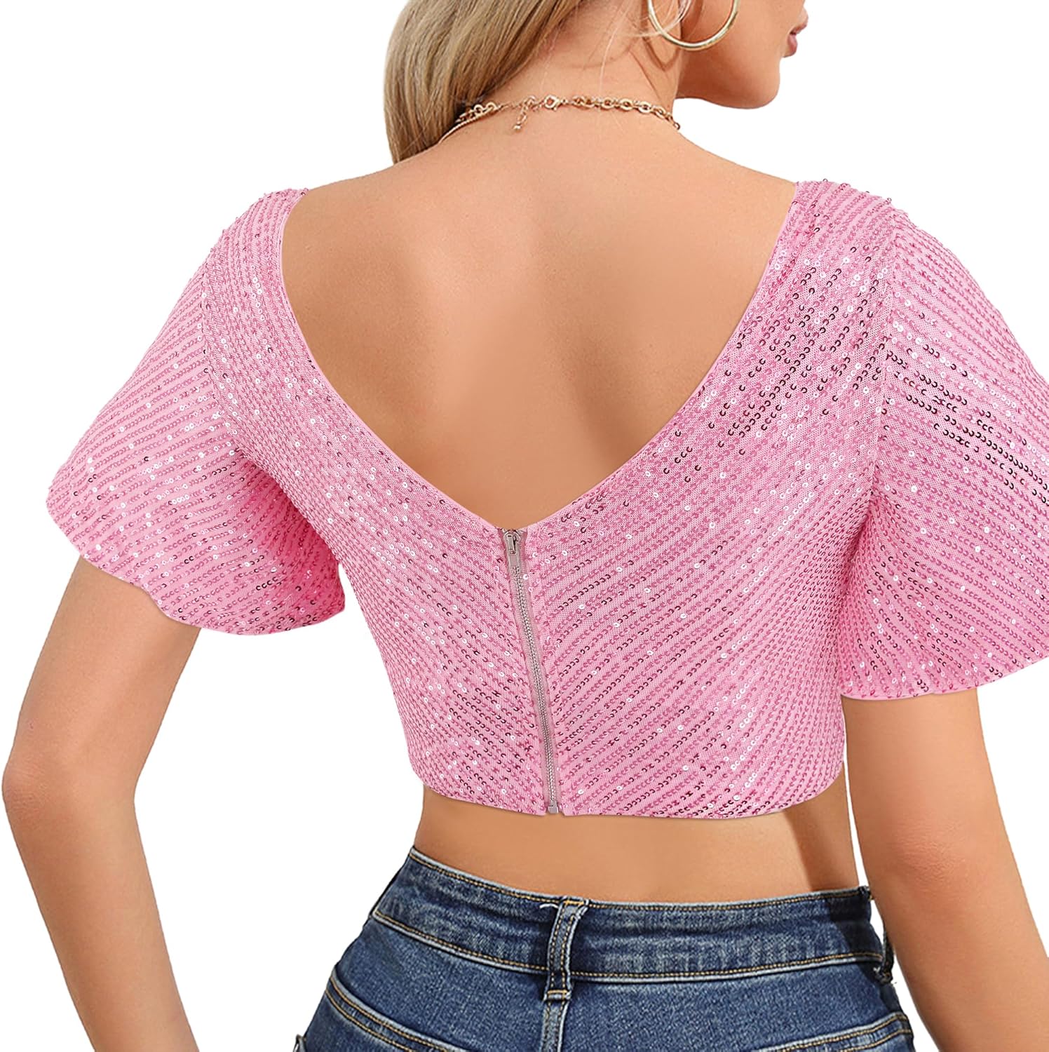 Testudineus Womens Sequin Ruffle Tops Short Sleeve Sparkly Crop Shirt Glitter Concert Disco Party Club Top Tee - Image 4