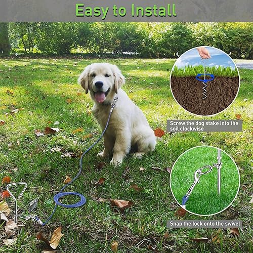 Miniatura 6 de Cable de amarre para perros y estaca en espiral antioxidante, correa exterior de 30 pies y cadena para campamento y patio, 16 pulgadas resistente