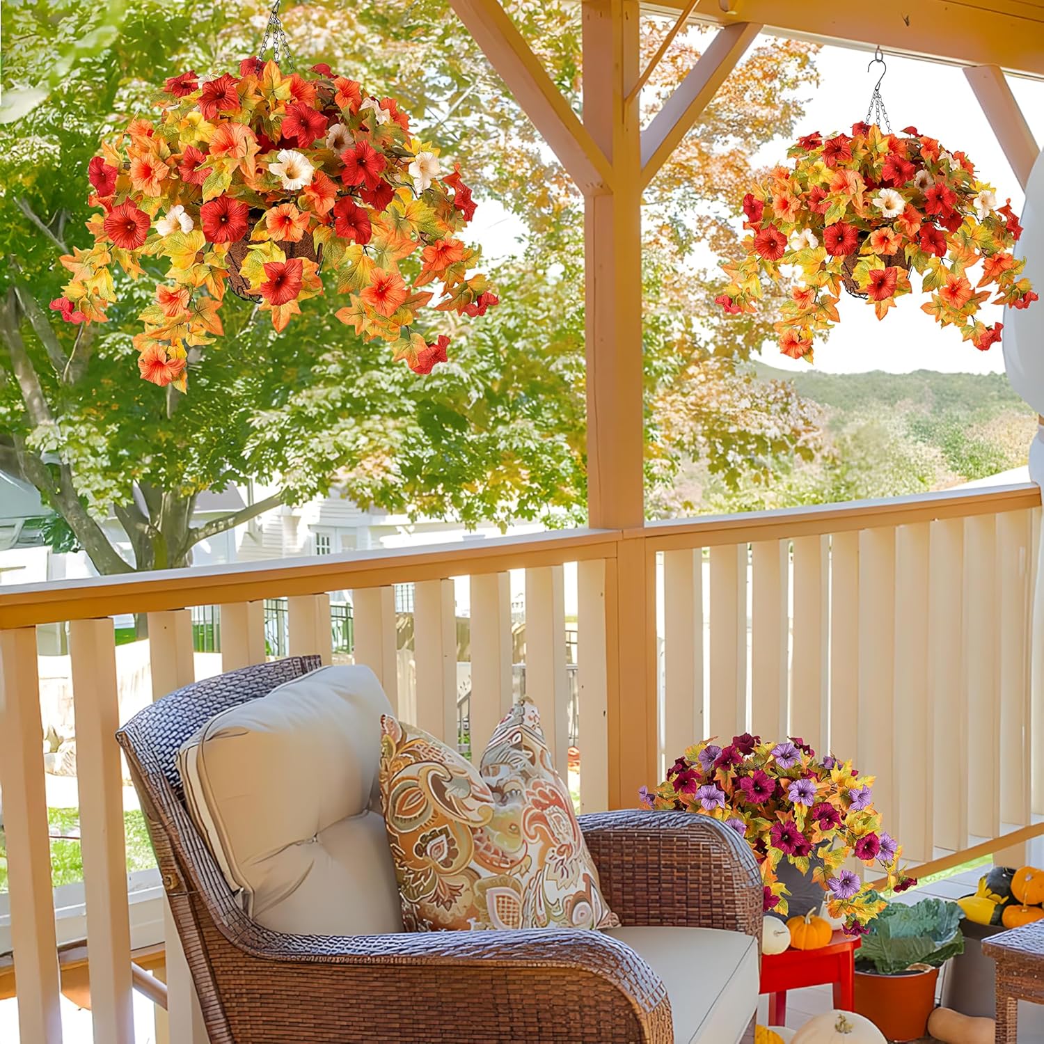 Artificial Fake Fall Flowers with Hanging Basket Plants for Outdoor Decoration, Silk Faux Flower UV Resistant Petunias for Home Porch Patio Garden Balcony Yard Decor Real Looking(Orange White) - Image 2