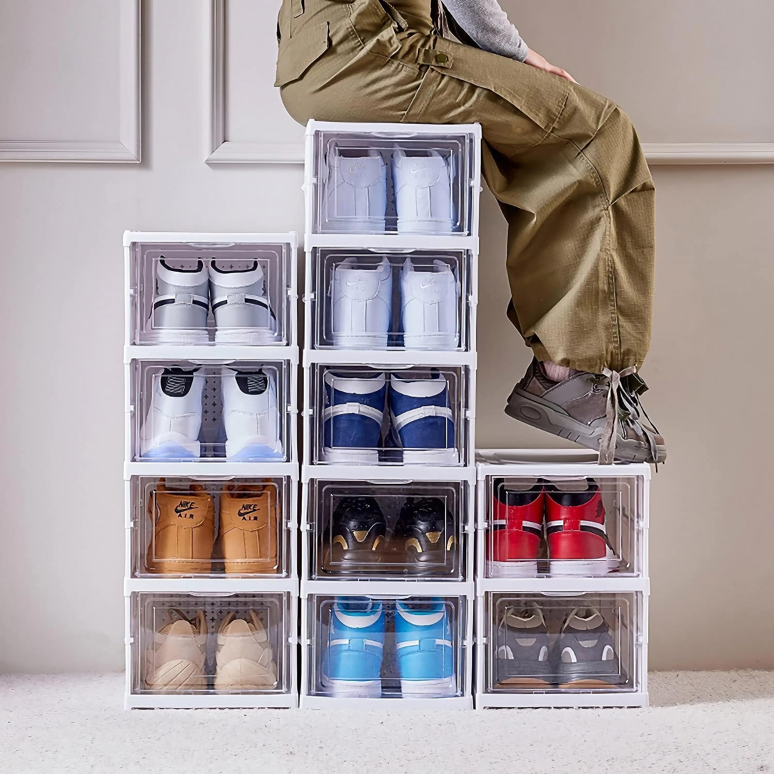 GUDEMAY Boîte à Chaussures Transparente avec Couvercle | Lot de 6 | Boîtes de Rangement pour Chaussures Empilable | Étagère à Chaussures Pliable | Ranger et Protéger Vos Chaussures | Blanc