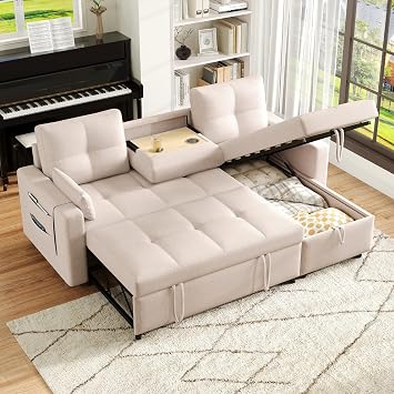 Bladez Sof  cama extensible en forma de L de lino con espacio de almacenamiento, soporte para bebidas, sof  modular de 3 plazas para sal n beige