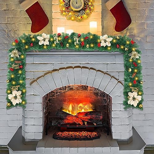 Miniatura 7 de JUNEBRUSHS Guirnalda de Navidad de 9 pies con luces, guirnalda decorativa con 50 luces LED, funciona con pilas, ratán verde artificial preiluminado