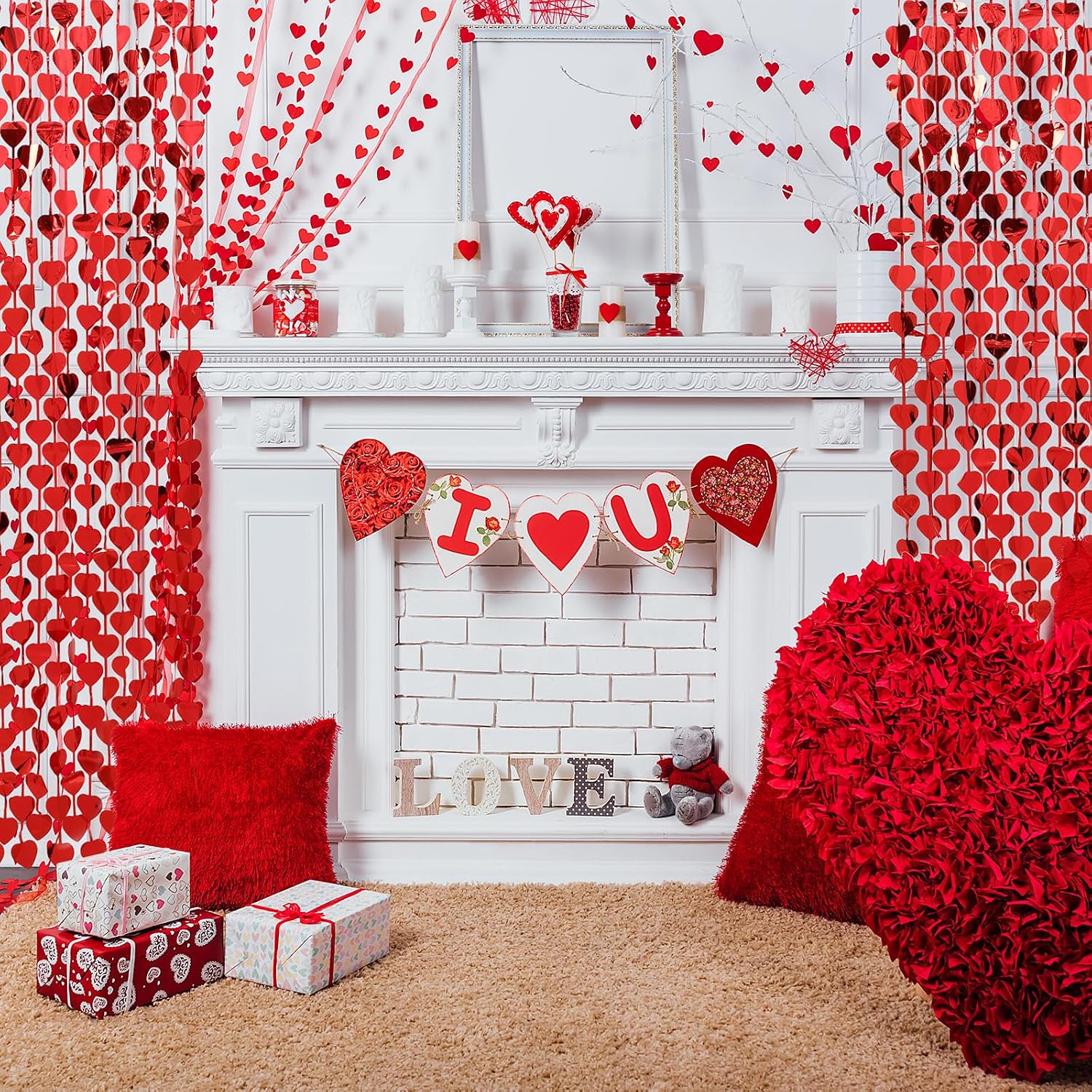 Tingjoo 2 Pack Red Heart Curtains Valentines Day Decorations 3.3x6.6ft, Tinsel Foil Fringe Curtains Backdrop for Valentine's Birthday Bachelorette Party Farewell Wedding Photo Shoot Props