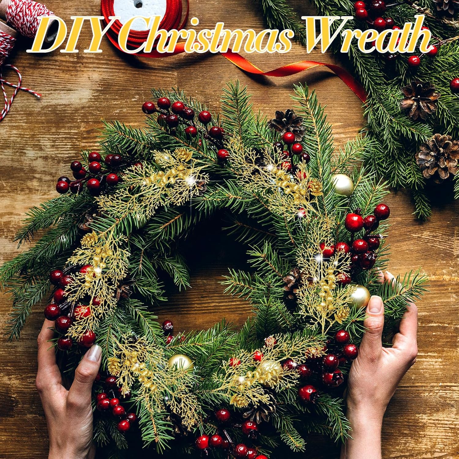 Tigeen 12 Pcs Christmas Tree Picks Bulk Artificial Christmas Tree Filler Glitter Berries Stems Branches Floral Decorations 15.75'' Xmas Sprays Twigs Berry Picks for Vase (Gold)