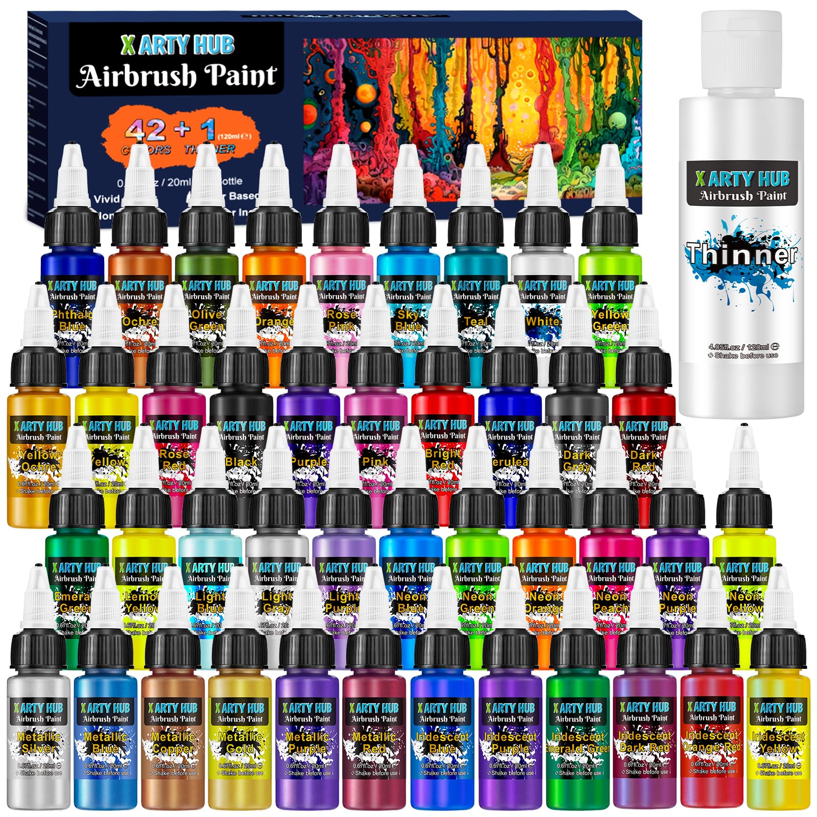 X ARTY HUB Airbrush Paint - 42 Colors with 4.05 Fl Oz Thinner, Iridescent, Neon and Metallic Air Brush Paints Acrylic Ready to Spray, Water-Based Airbrush Painting Set for Artists Beginners - 43