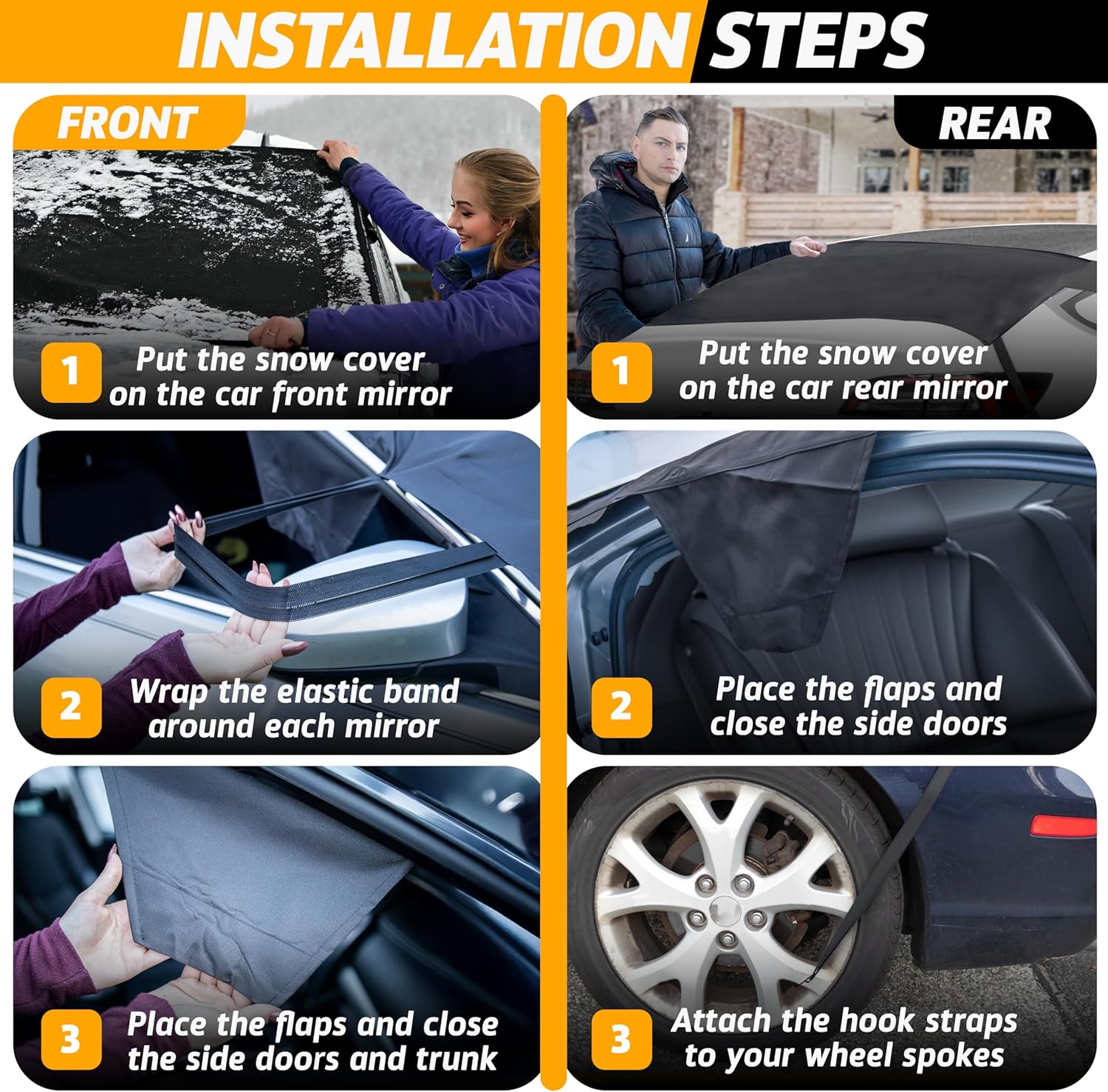 EcoNour Car Windshield Snow Cover Front and Rear Bundle | Upgraded 600D Oxford Fabric | Water, Heat & Sag-Proof Windshield Snow Cover | Back Window Frost Cover Fits Most Sedans, SUVs & Vans | XX-Large