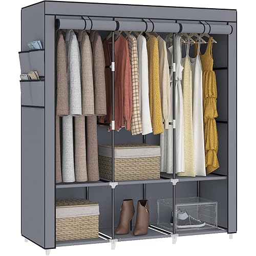 MOGELAFOO 51 Inch Portable Closet Wardrobe for Hanging Clothes, Wardrobe Closet with Cover, 3 Hanging Rods, 4 Side Pockets, 6 Storage Shelves, Large Clothes Organizer for Bedroom, Living Room, Grey