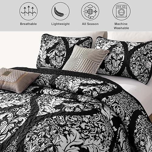 Miniatura 4 de Juego de edredón negro tamaño King, juego de colcha cubrecama de damasco bohemio, juego de ropa de cama de microfibra suave y ligera de 3 piezas