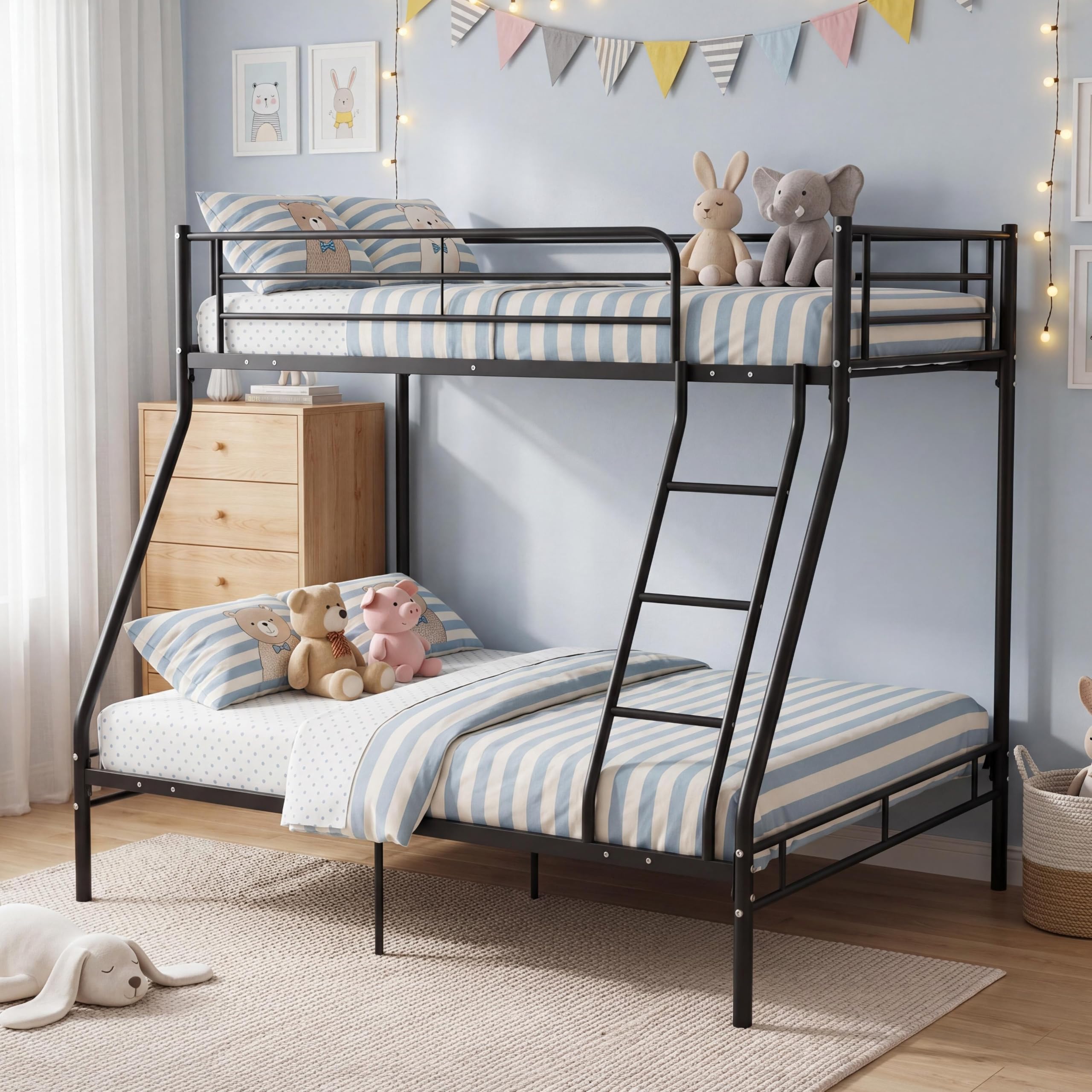 Panana Metal Bunk Bed Triple Sleeper Single Double Triple 3 Person Metal Bed Frame (Black)