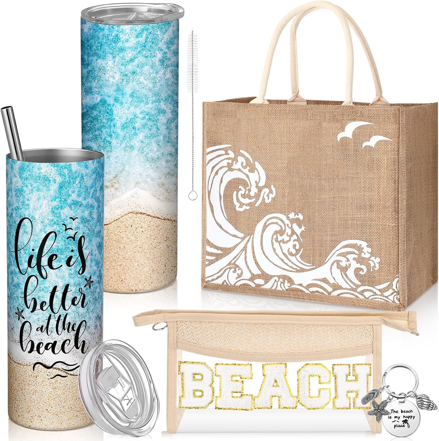 6 Pcs Beach Gifts for Women Set Beach Theme Gift Set Burlap Tote Bags Cosmetic Bag 20 oz Tumbler Keychain for Birthday Holiday Travel Wedding Bridal Shower Bride Bridesmaid Honeymoon(Classic)