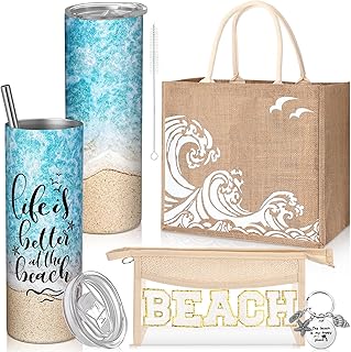 6 Pcs Christmas Beach Gifts for Women Set Beach Theme Gift Set Burlap Tote Bags Cosmetic Bag 20 oz Tumbler Keychain for Christmas Holiday Travel Wedding Bride Bridesmaids(Skinny)