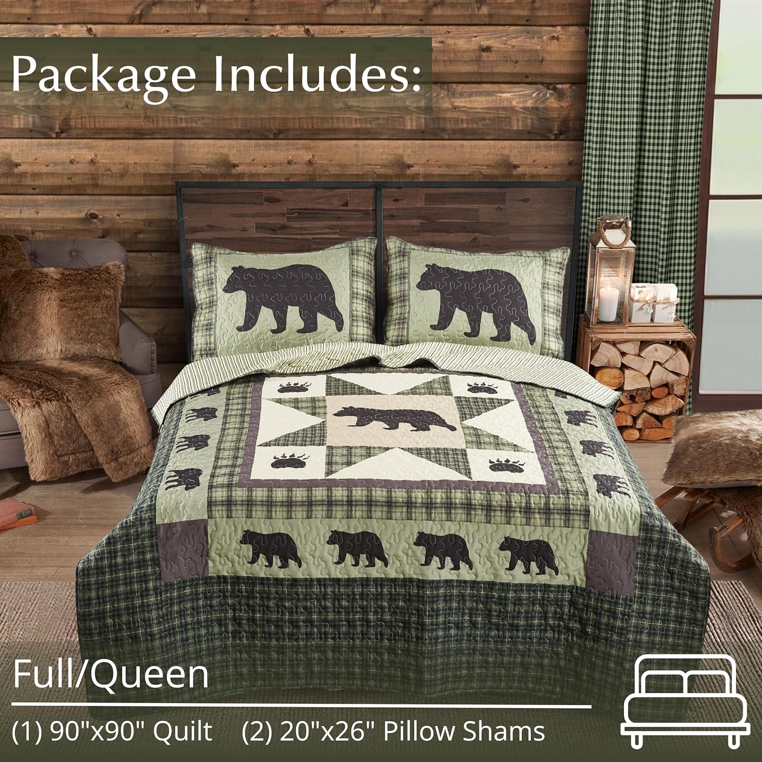 Virah Bella 3 Piece Queen Lodge Quilt Bedding Set - Bear Star - Rustic Cabin Country Reversible Camping Comforter Set with Decorative Pillow Shams, Green/White - Image 3