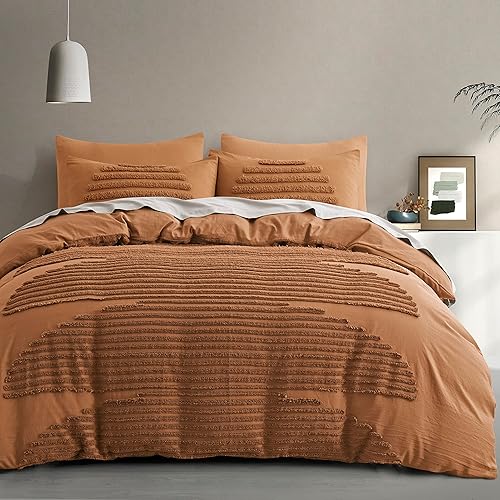 BEDAZZLED Queen Size Duvet Cover, 5 Pieces Pumpkin Brown Textured