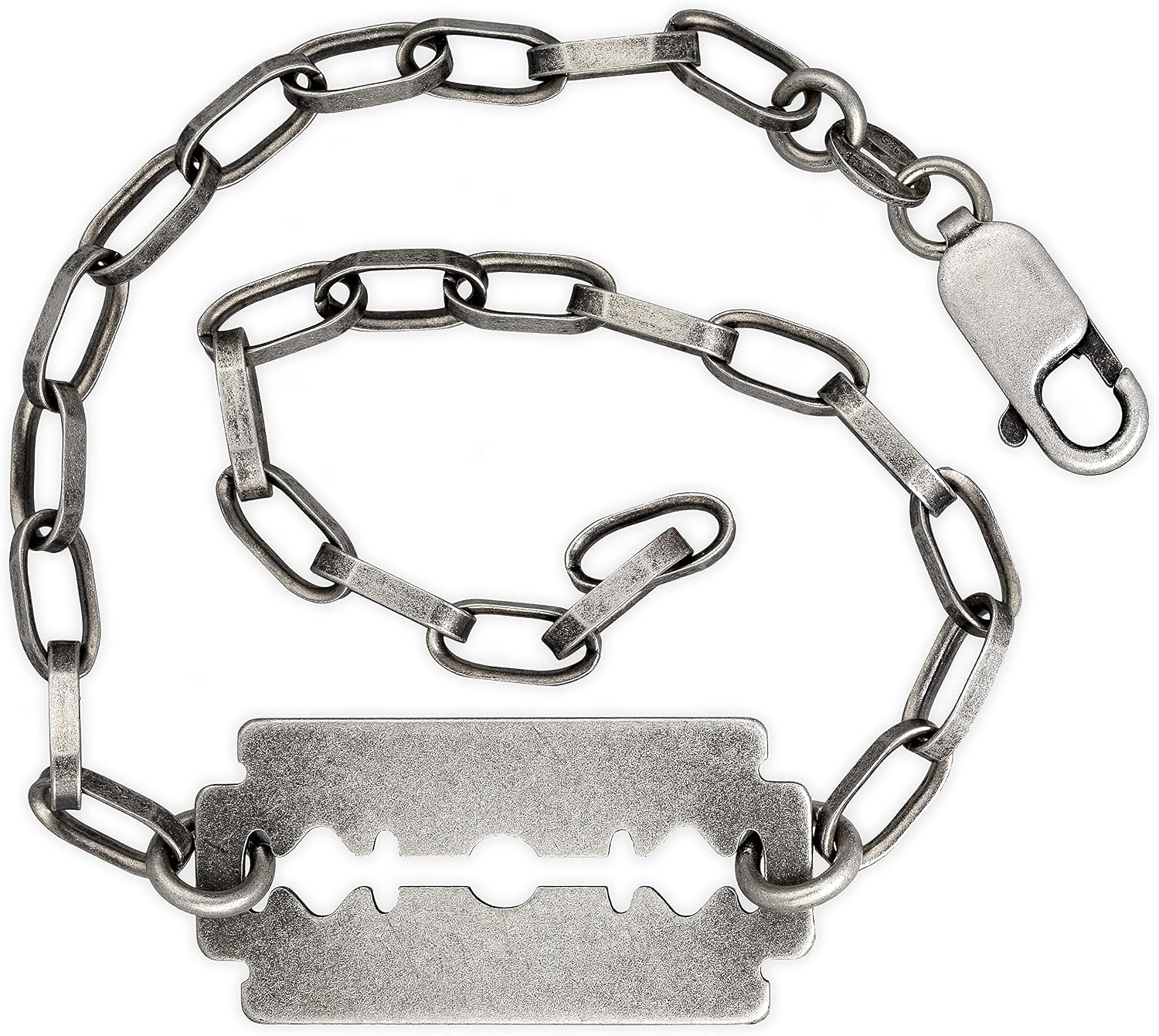 Men's Chain Bracelet Featuring Bold Razor Blade Crafted from Oxidized Sterling Silver - Edgy Rock Statement with Velvety Dark Finish for Masculine Style - Handmade by Emmanuela