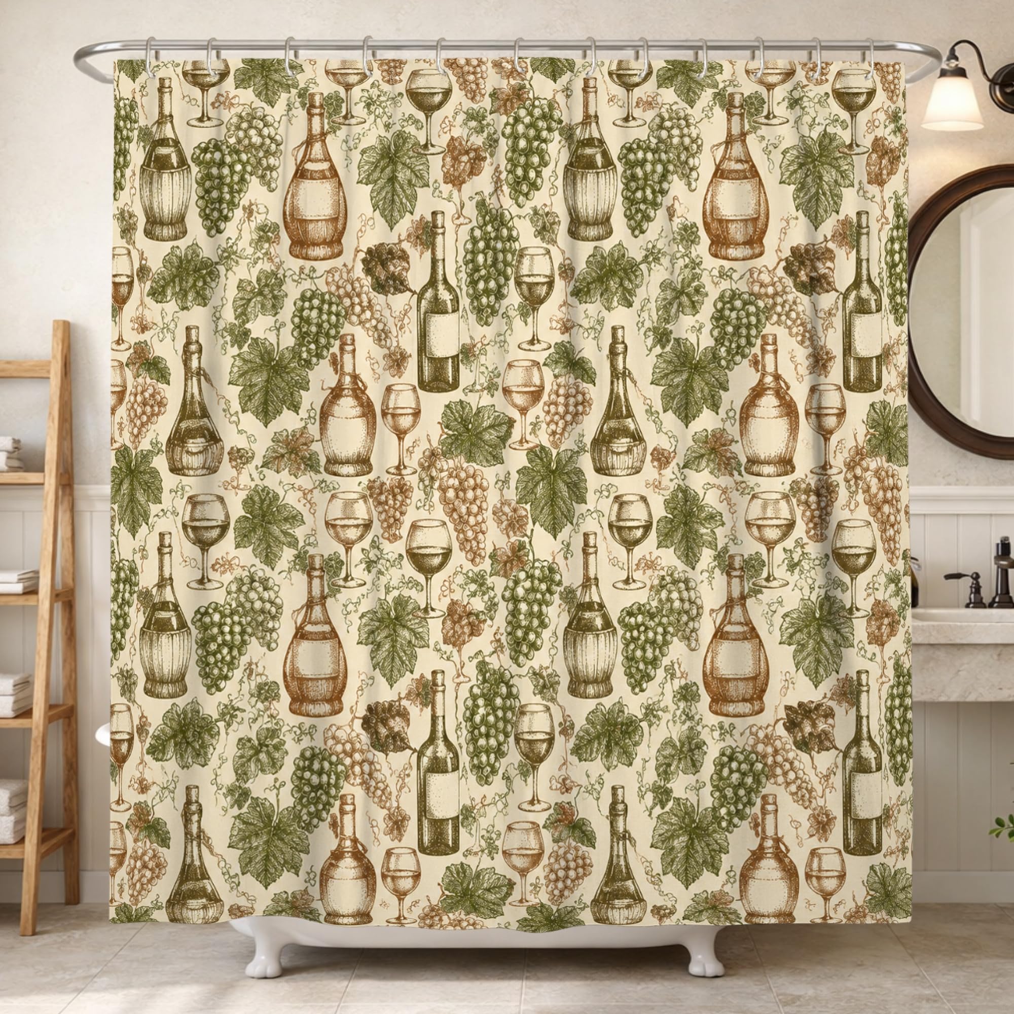 Rideau de douche lavable anti-moisissure grand format vert bouteilles de vin