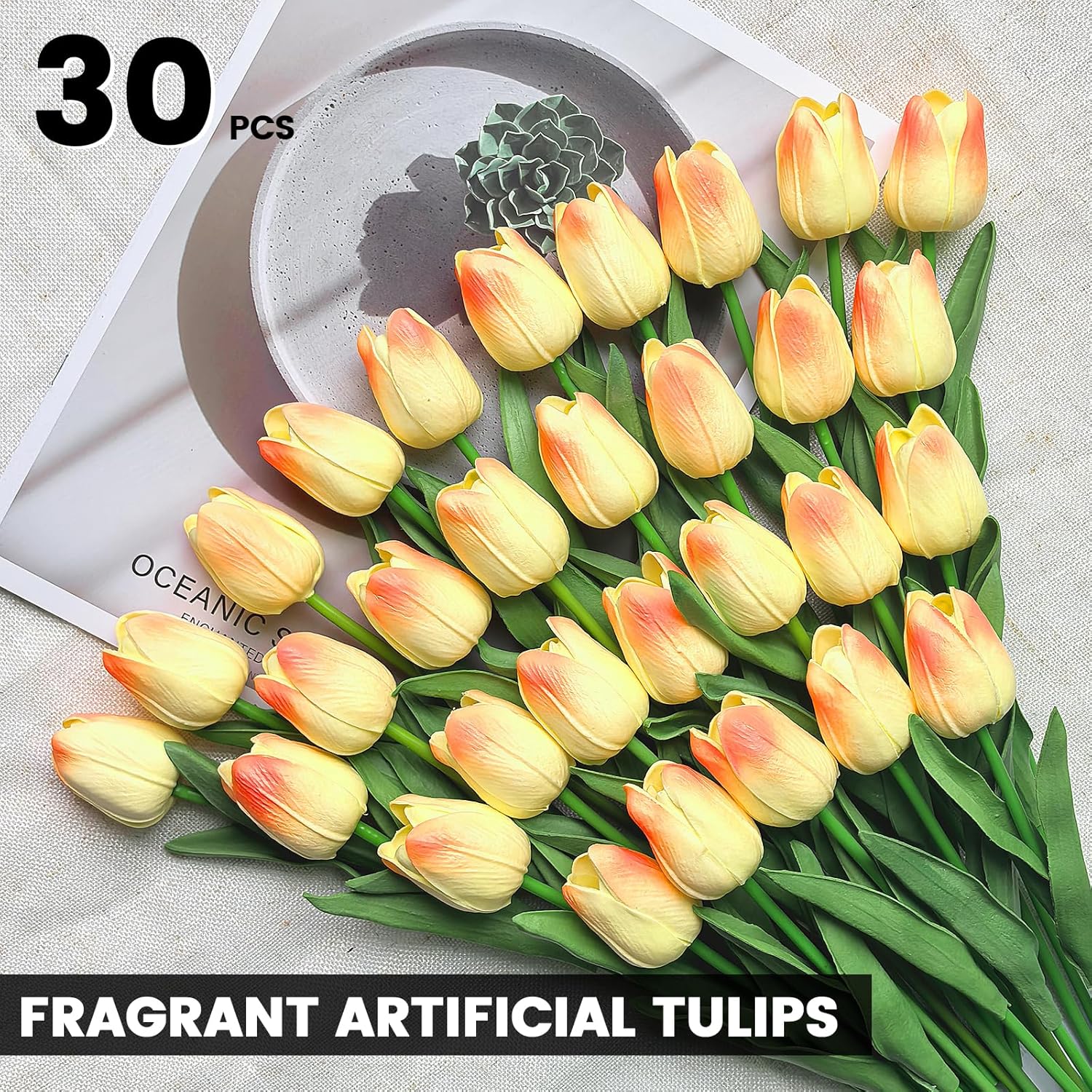 30 PCS Artificial Tulips Real Touch Tulips 13.5inch Long Stem Fake Flowers Silk Flowers for Spring Easter Mother's Day Decorations（Champagne+Pink）