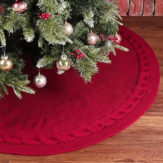 Knitted Christmas Tree Skirt: 60 Inch Extra Large Wine Red Tree Skirt, Chunky Cable Knit Thick Rustic Christmas Tree Decorations, Handmade Christmas Decor Xmas Holiday Home Party Decorations