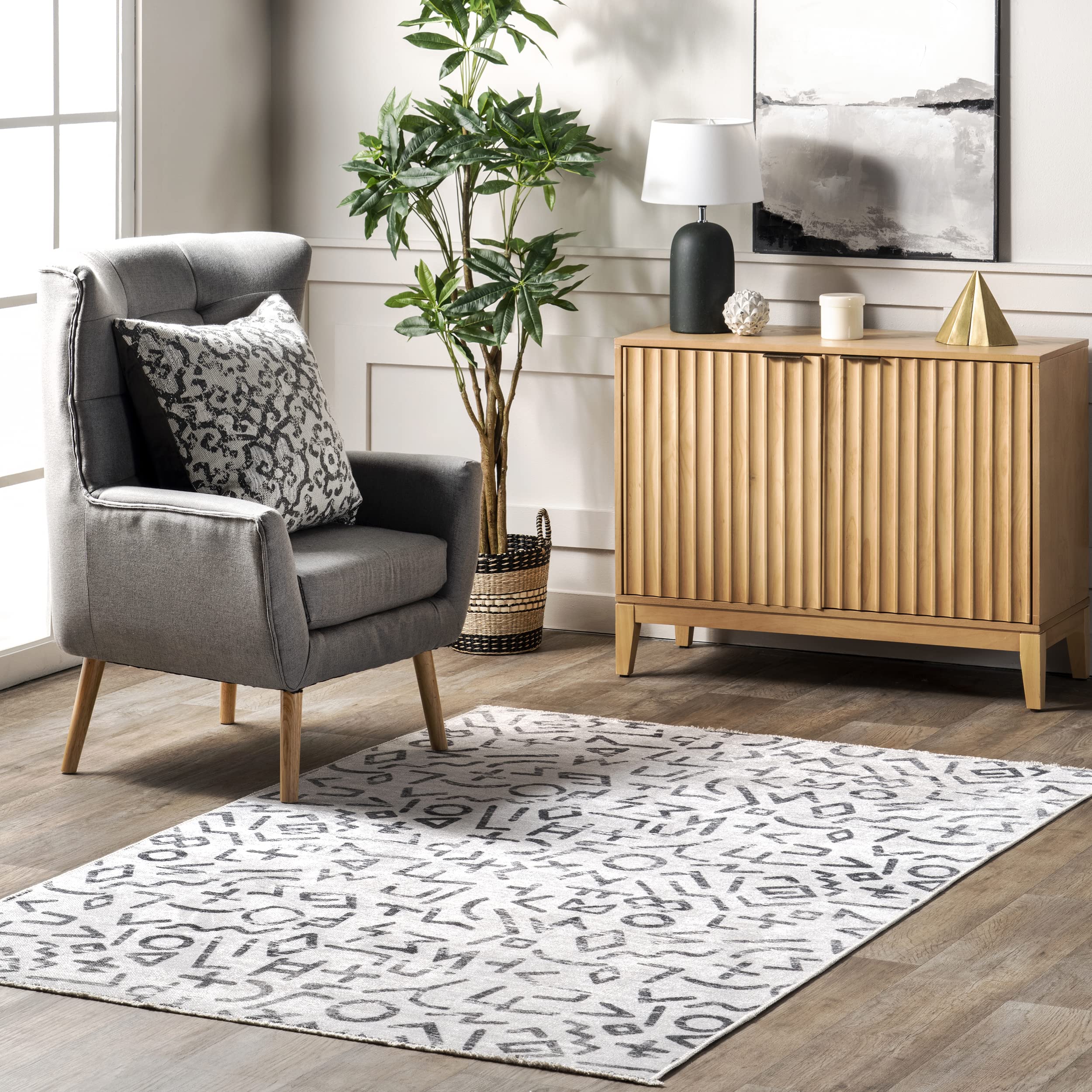 nuLOOMTania Modern Symbols Machine Washable Accent Rug, 3' x 5', Light Grey