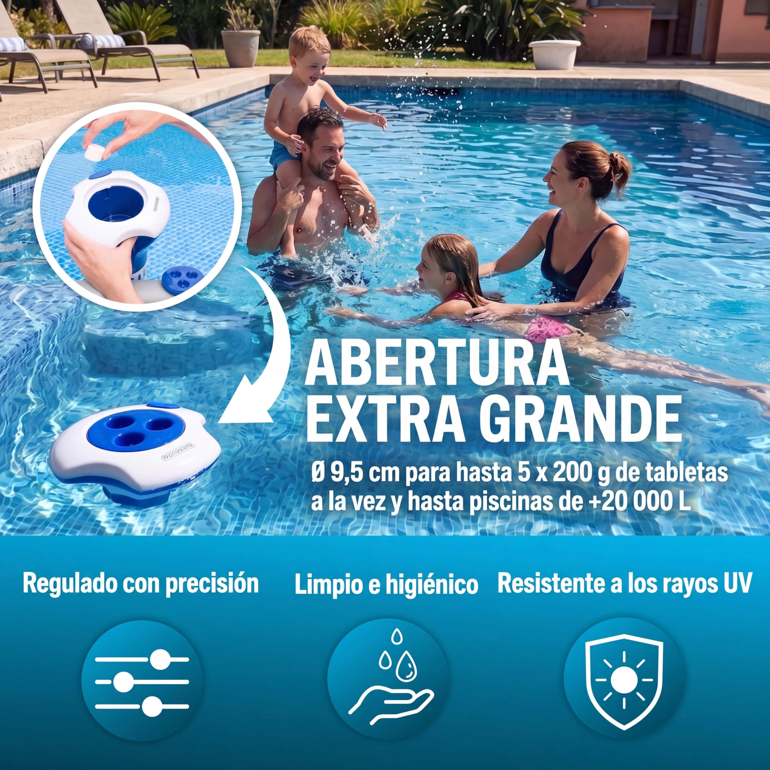 MONZANA® Dispensador Cloro Piscina para Tabletas de 20-200 g Incluye 150 Tiras Reactivas 3 en 1 PH Dosificador Flotante con Termómetro Resistente Rayos UV Duradero