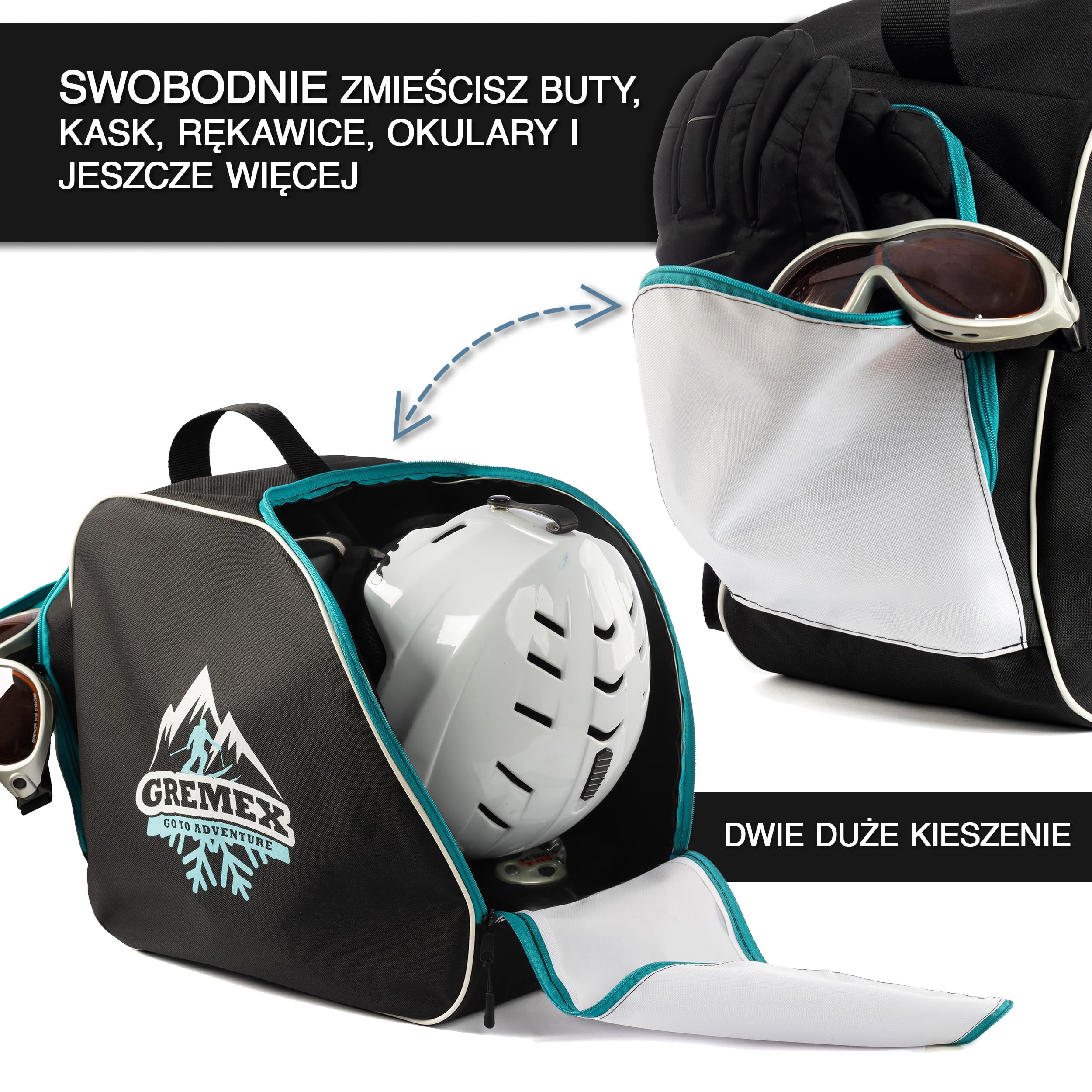 Torba na buty narciarskie z miejscem na kask - Wodoodporna torba na buty narciarskie z przegrodą na kask - Torba na buty narciarskie i kask - Plecak na buty narciarskie z przegrodą na kask