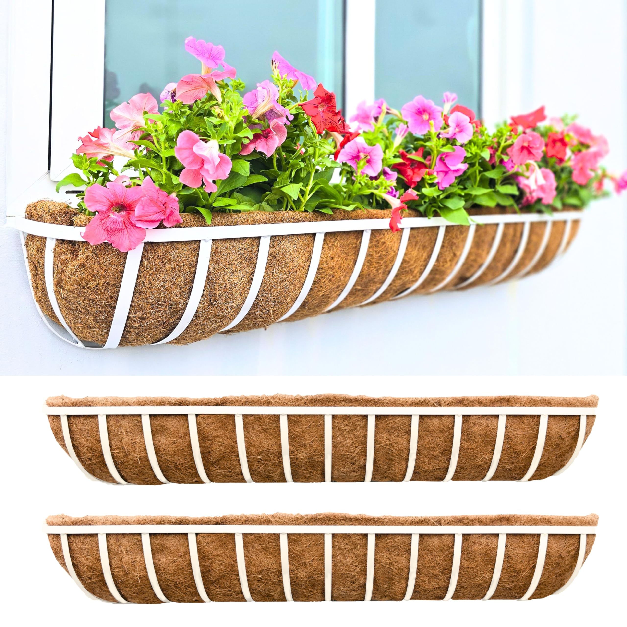 LaLaGreen Window Planter Boxes (48 Inch, 2 Pack) Deck Railing Flower Box with Coco Liner, White Metal Rectangular Wall Planters for Outdoor Plants Fence Balcony Horse Trough Garden Herb Patio Porch