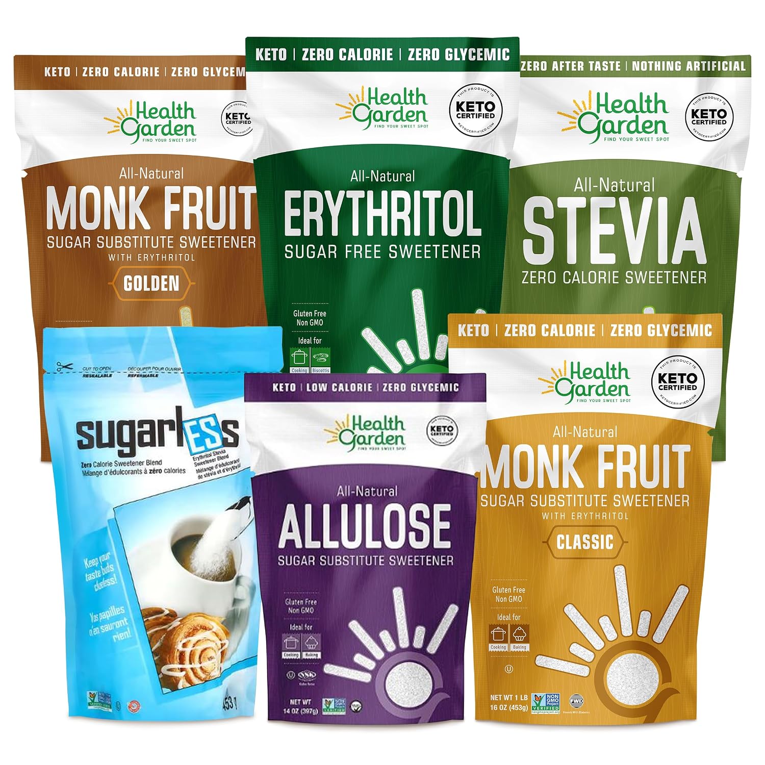Health Garden Zero Glycemic Sweetener Bundle - Stevia, Sugarless, Erythritol, Monk Fruit Classic & Golden, Allulose, Zero Calorie Sugar Substitute, Resealable Bags, Non-GMO - 6-Pack Variety