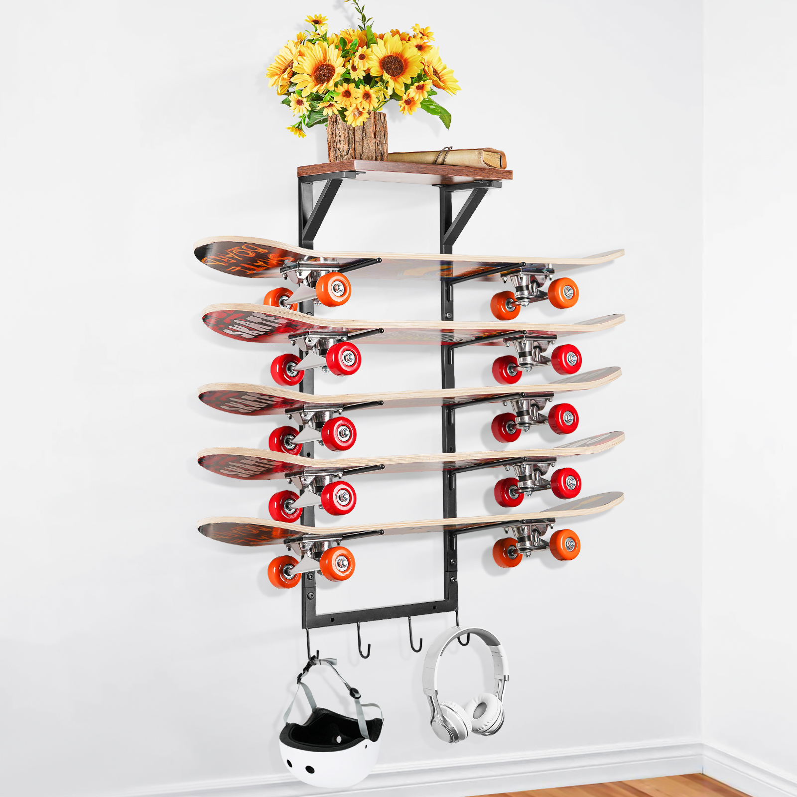 EXTCCT Soporte Piso Para Monopatín De 5 Capas, Organizador Sin Perforar, Pino Natural, Para Longboard Y Cruiser