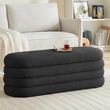 Krcix Boucle Storage Ottoman Bench for Bedroom 49.2 Inch Upholstered Modern Bedroom Bench with Storage Oval Large End of Bed Bench with Storage for Living Room, EntrywayBlack