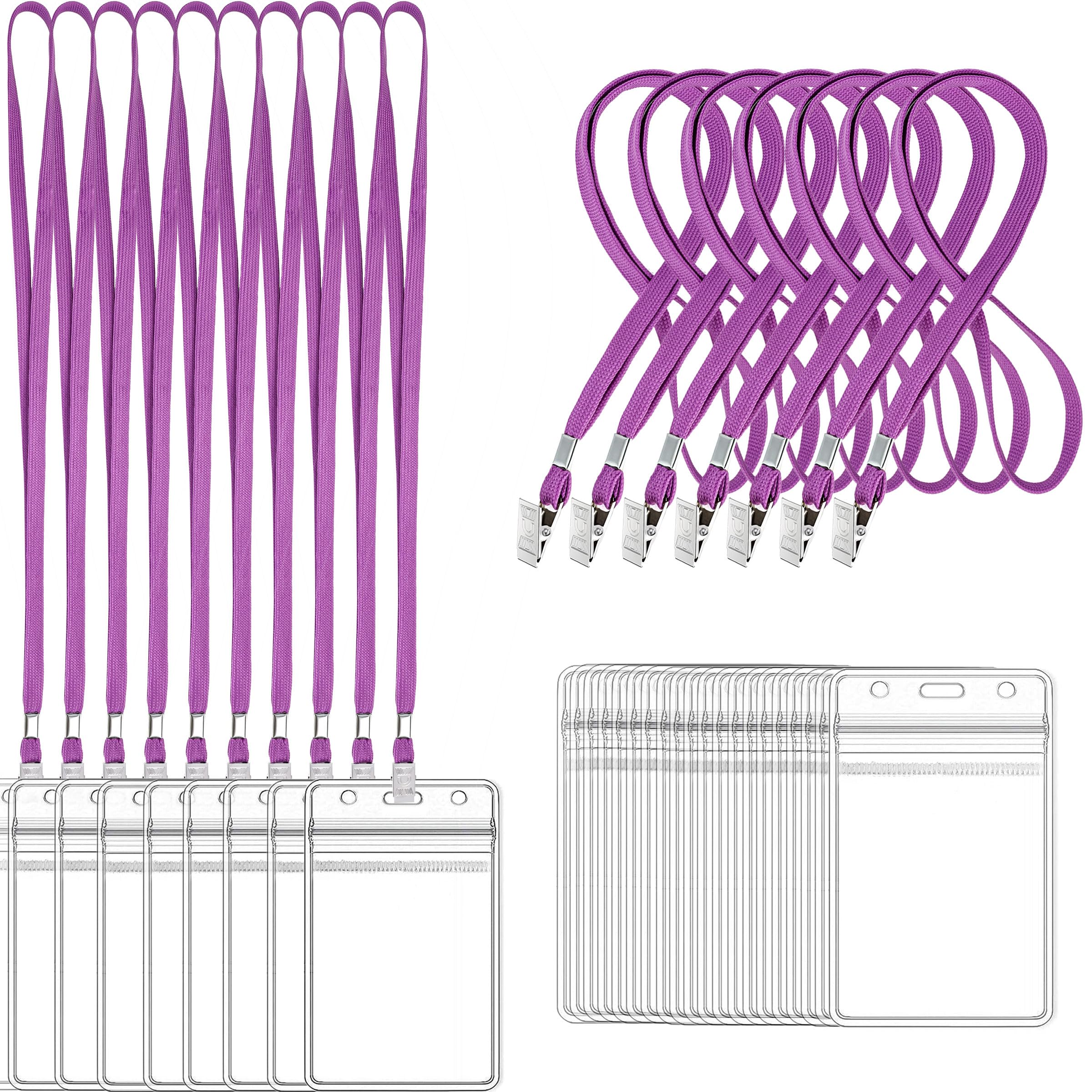 Lot de 100 porte-badges en plastique transparent et 100 cordons noirs avec clip (violet)