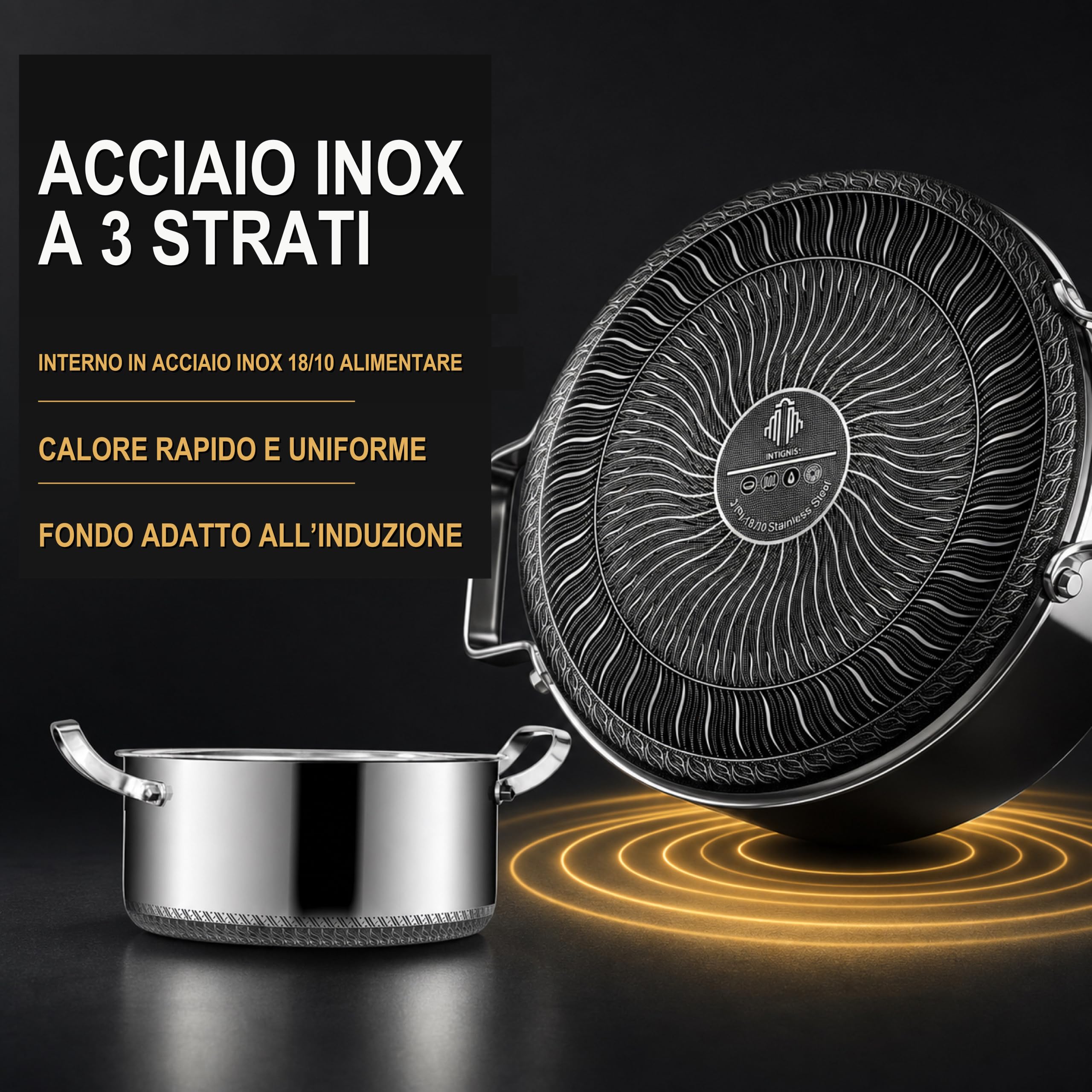 INTIGNIS® Pentola con Coperchio | Casseruola Antiaderente in Acciaio inox con Coperchio | Compatibile con l'induzione | Resistente ai Graffi | Adatta al Forno | Resistente (5 Litro)