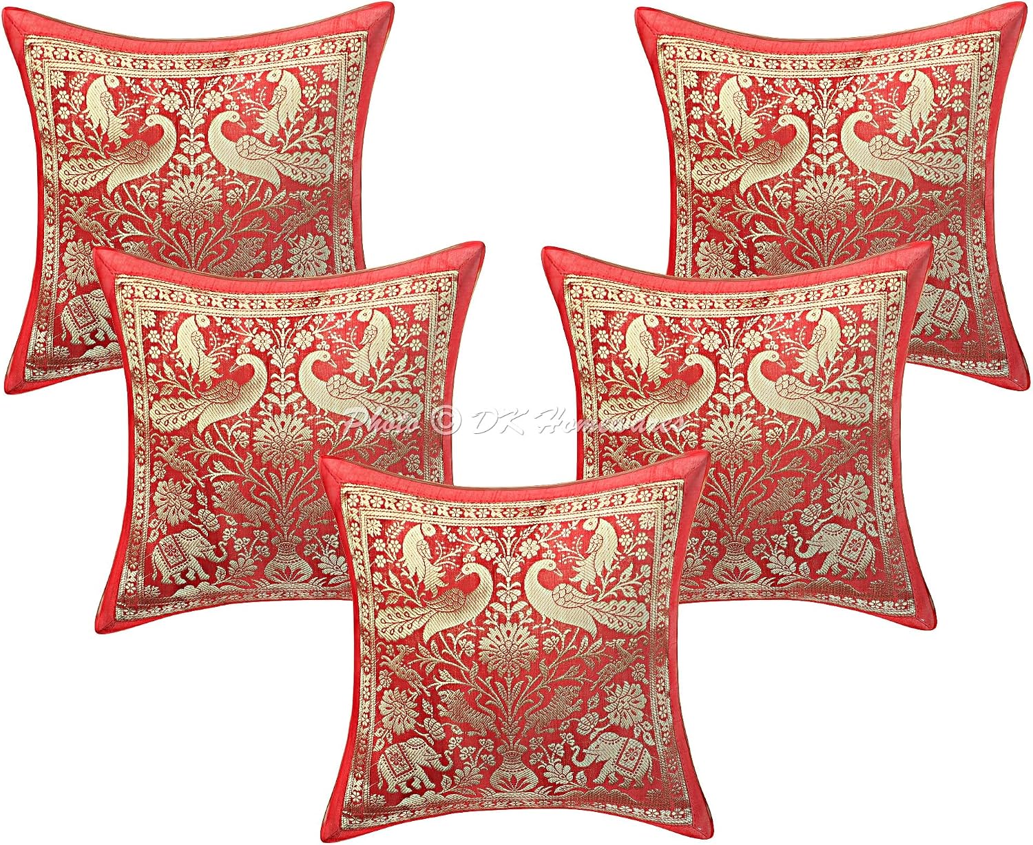 Indian Throw Pillow Covers 12x12 Inch Brocade Jacquard Weave Ethnic Square Elephant Cushion Covers (Size - 30x30 cm ; Color: Red & Gold) - Set of 5 Pcs (Cover Only)