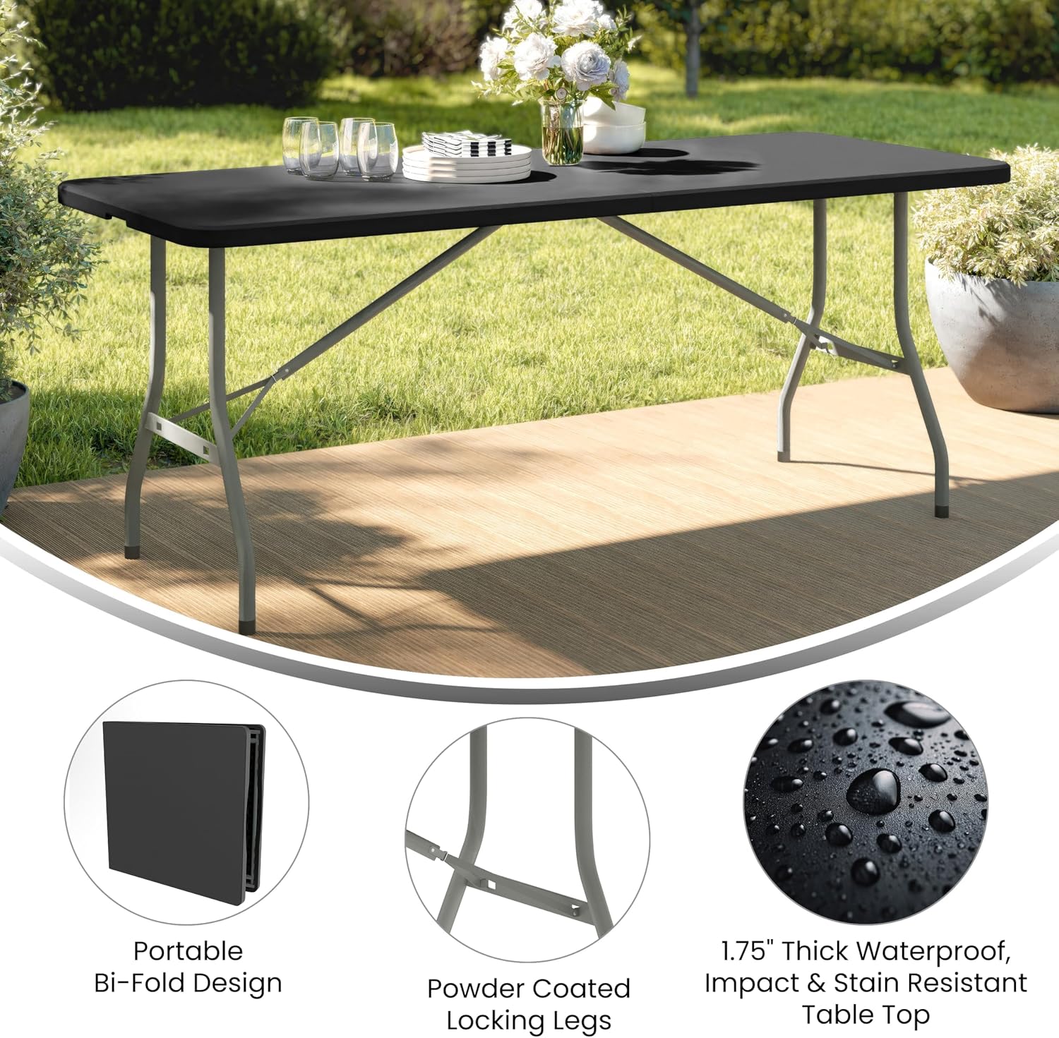 Flash Furniture 6 ft Plastic Bi-Fold Folding Table, Black