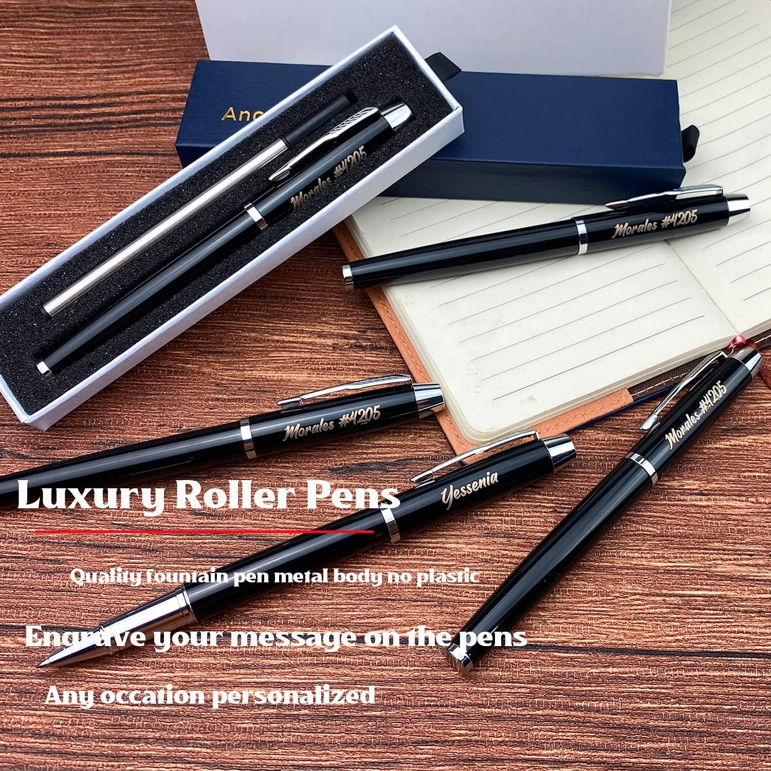 Ancolo Personalized Pens Rollerball Pen Classic pens Engraved Your Message Name, Phone Number For Journaling and Office Writing - Nice Gift for Men and Women Girls Boys 5 PCS/Pack