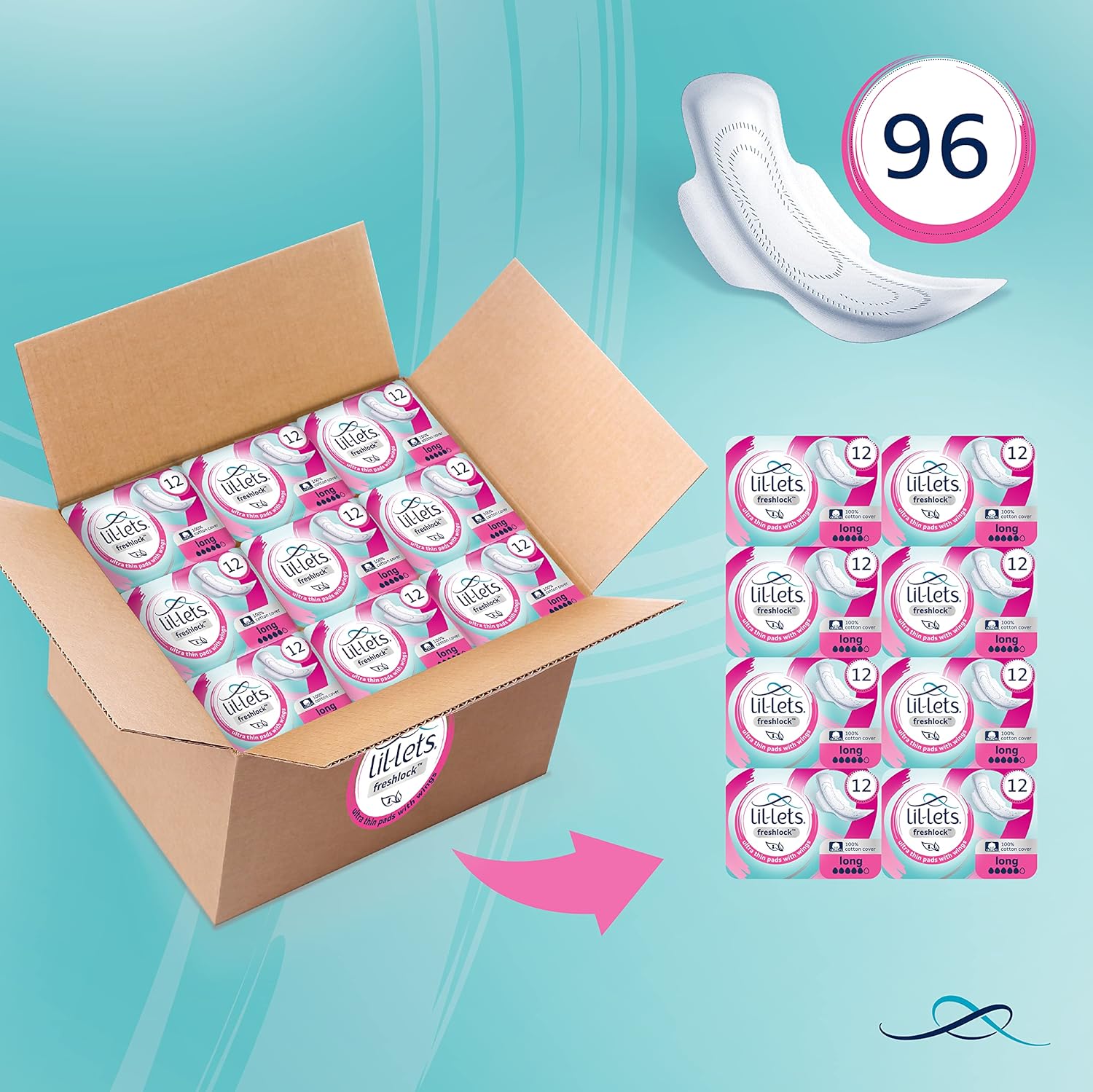Lil-Lets Freshlock™ Ultra Thin Period Pads, 96 Count, Long Absorbency, with Wing, 8 Packs of 14 Pads, Bulk Pack, Unscented - Image 3