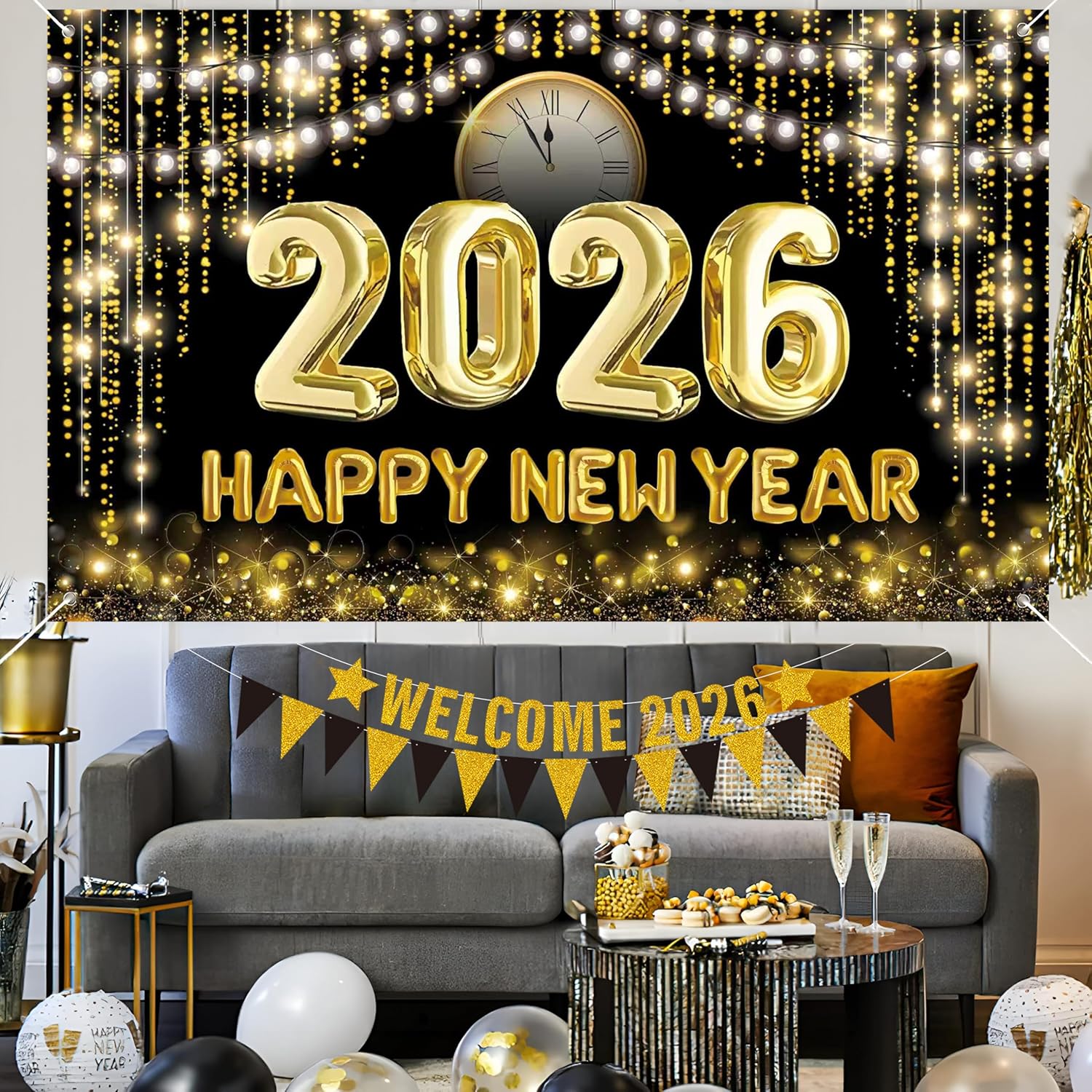 2026 New Years Eve Party Supplies Set, Large Happy New Year 2026 Background Banner, Party Cone Hats, Welcome 2026 Banner, 2026 New Years Eyeglasses and Party Blowers - Image 6