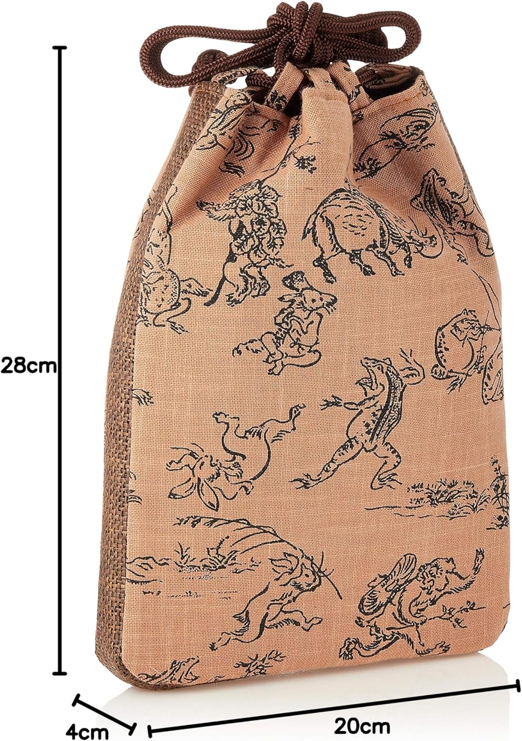 丸全(Maruzen) マチ付信玄袋 鳥獣戯画/茶 20×4×28cm 巾着袋