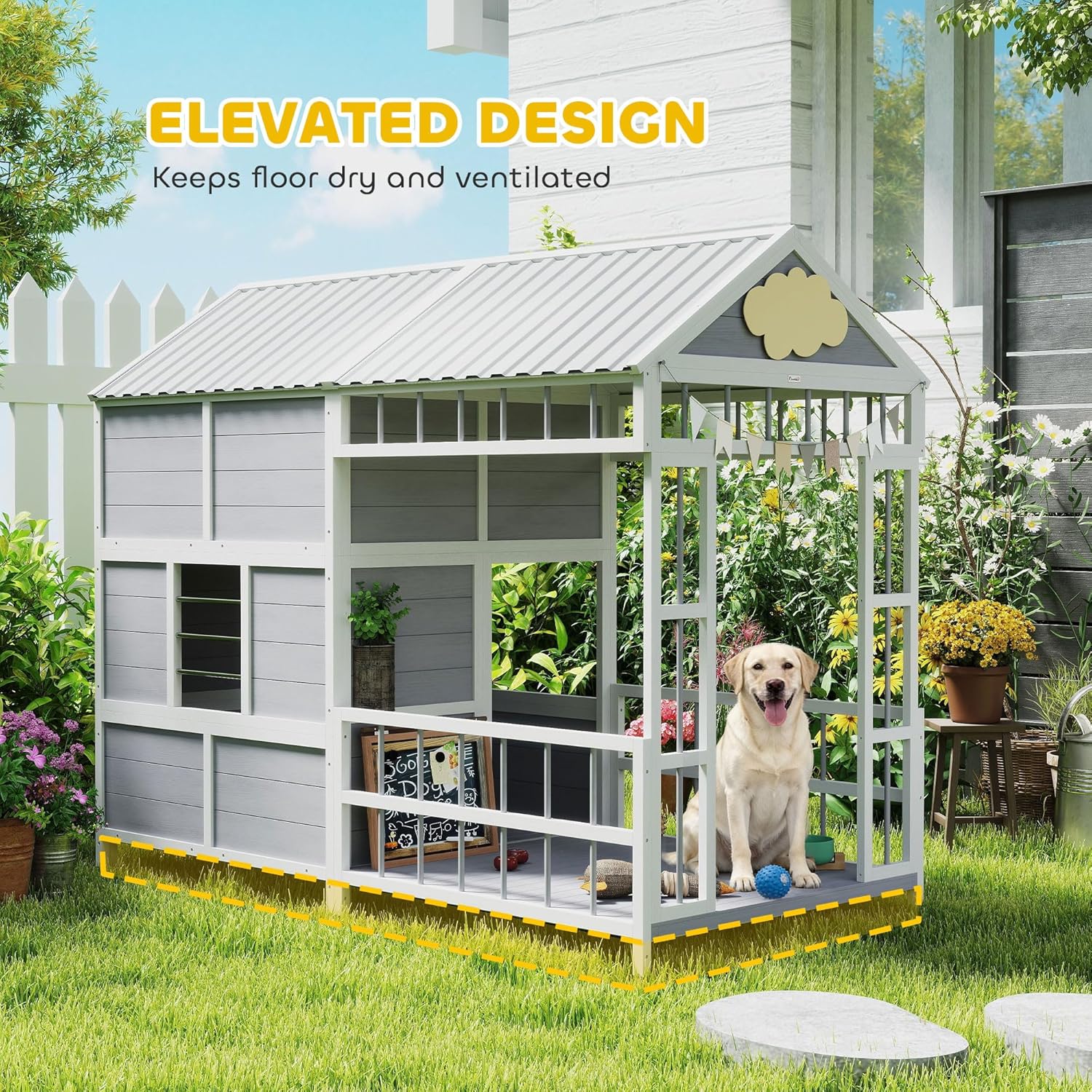 PawHut Dog House Outdoor Indoor, 79" x 41" x 63" Wooden Dog Shelter with Porch, Storage Cabinet, Weatherproof Roof, Elevated Floor, Air Vents & Observation Windows, Large Pet Shelter for Large Breeds