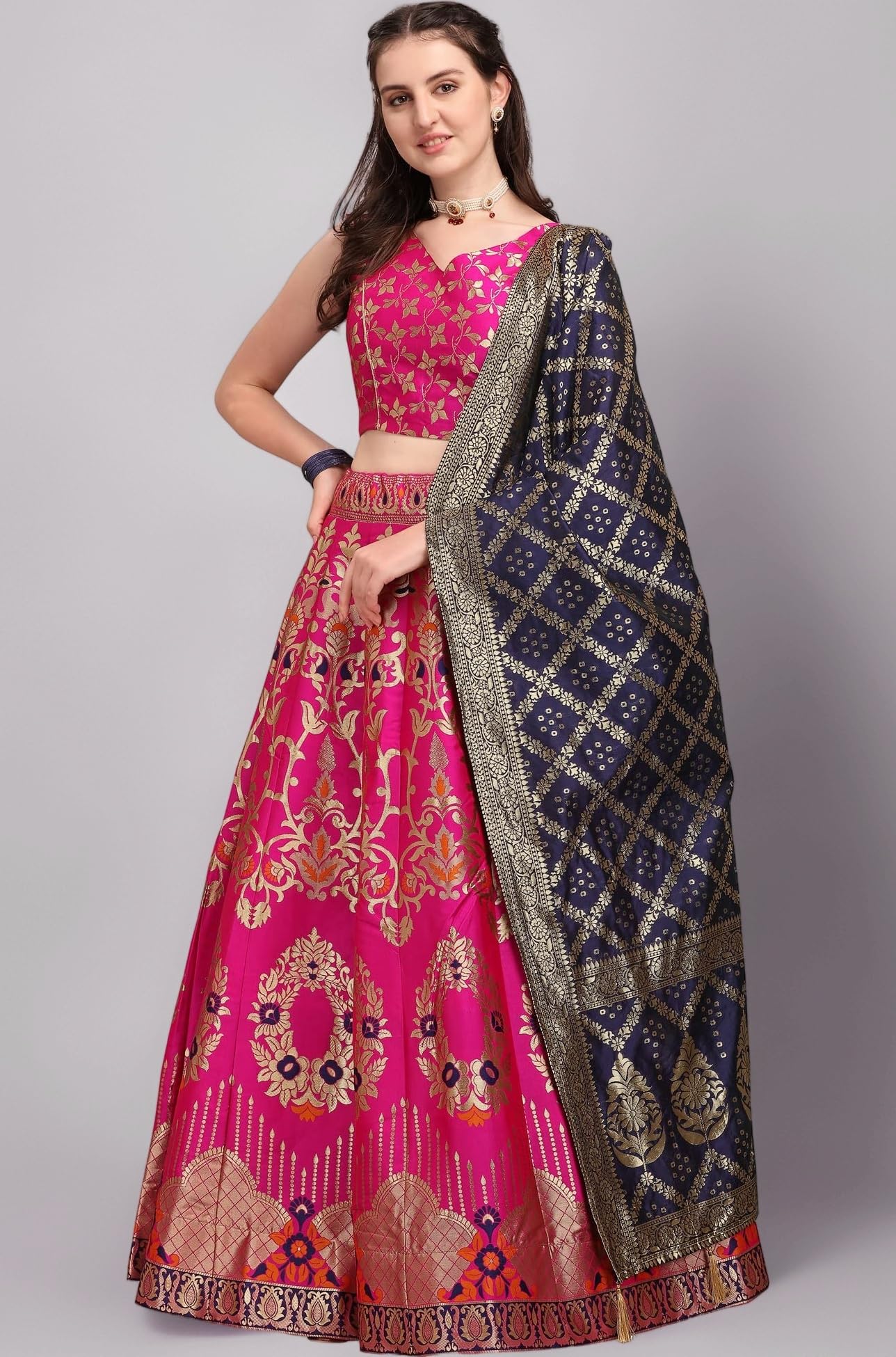 Women's Jacquard Semi-Stitched Lehenga choli
