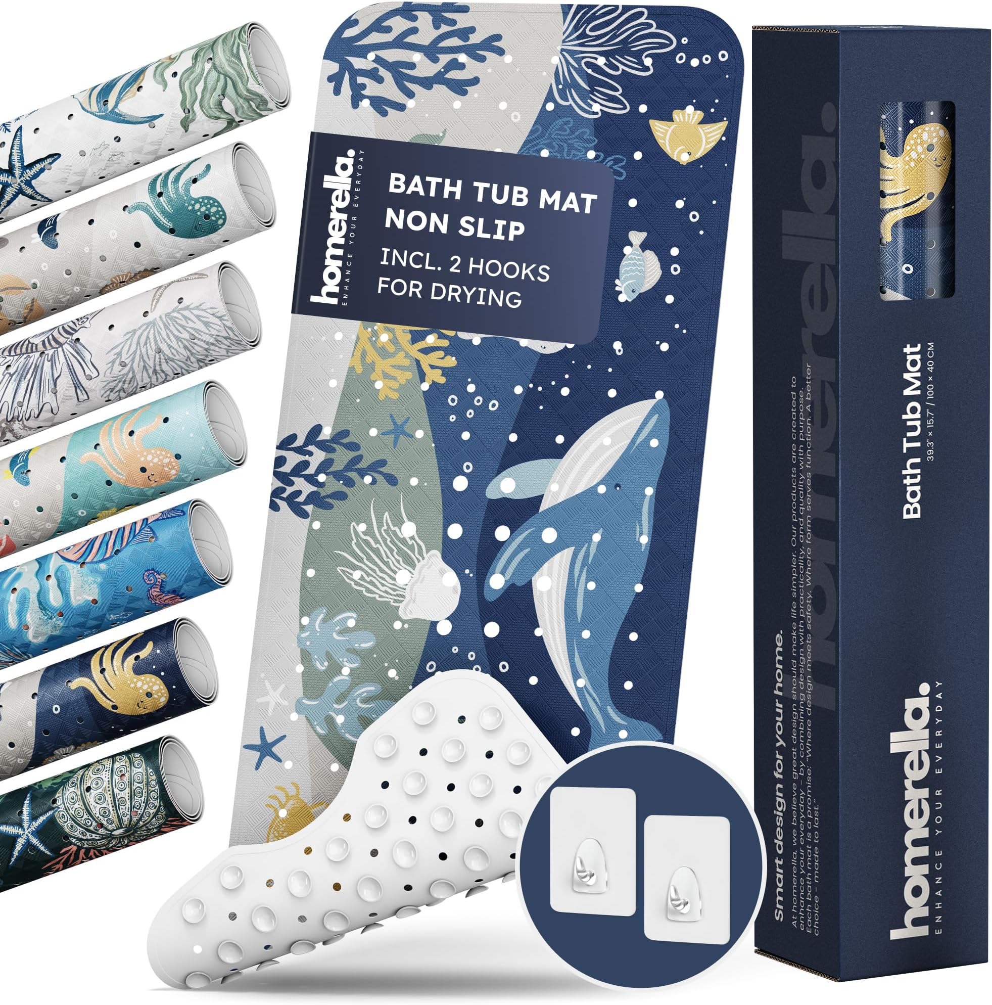 Bathtub Mat Non Slip Anti Mold for Kids 40x16 - homerella® Bath Mat for Tub, BPA Free, Incl. 2 Hooks, Washable Shower Mat Non Slip Anti Mold, Shower Mats for Inside Shower, EU Certified