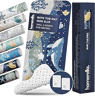 Homerella Baby Bath Tub Mat | Anti Mold Mildew Resistant Non Slip Kids and Adult Bath Tub Shower Mats | 40x16 inch Long with Suction Cups for Secure Grip Hooks for Storage & Drying | Machine Washable