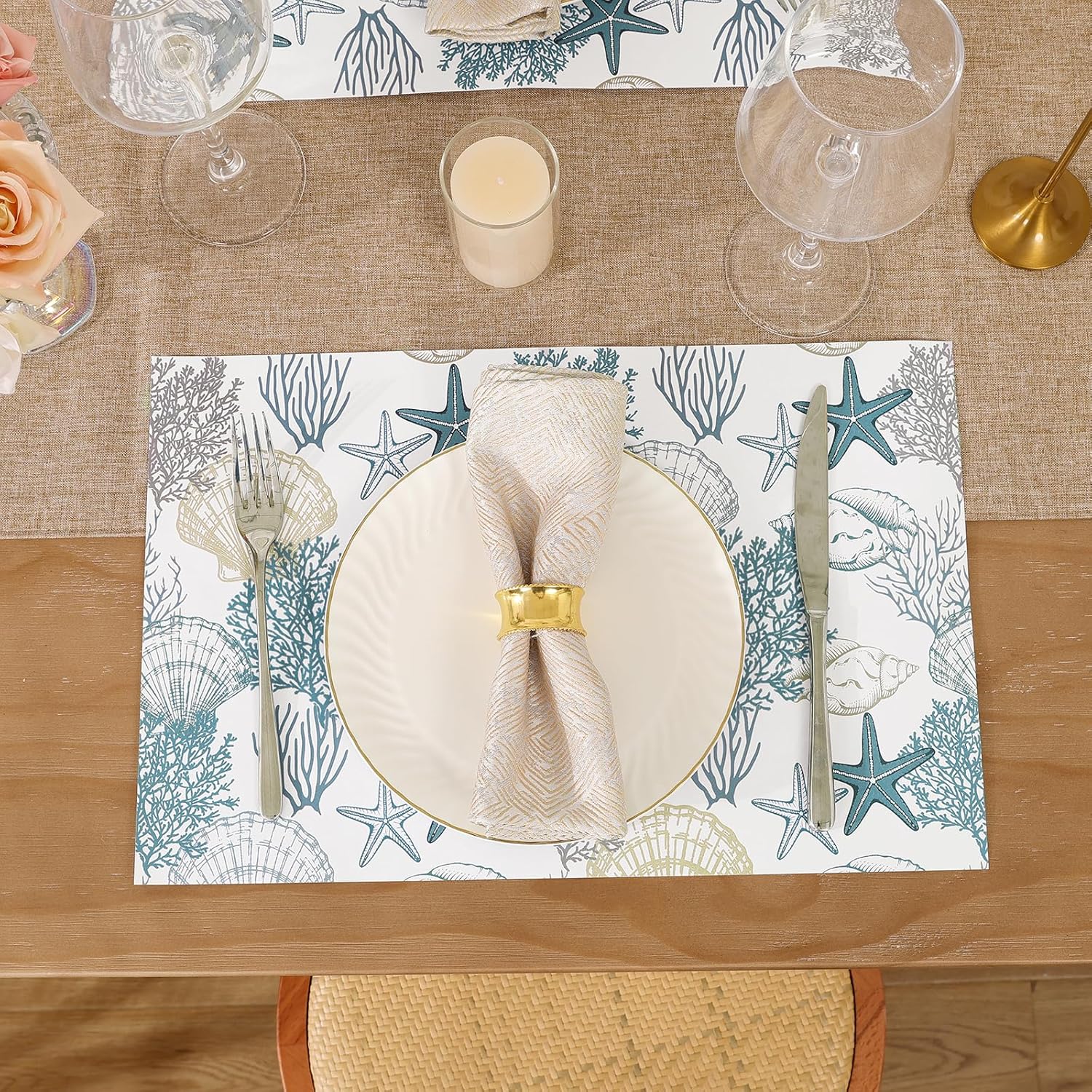SHACOS 50 pcs Coastal Paper Placemats 11x17 inch Starfish Sea Shell Coral Disposable Paper Place Mats for Dinner Wedding Birthday Party Beach Ocean Nautical Table Decoration (Pack of 2)