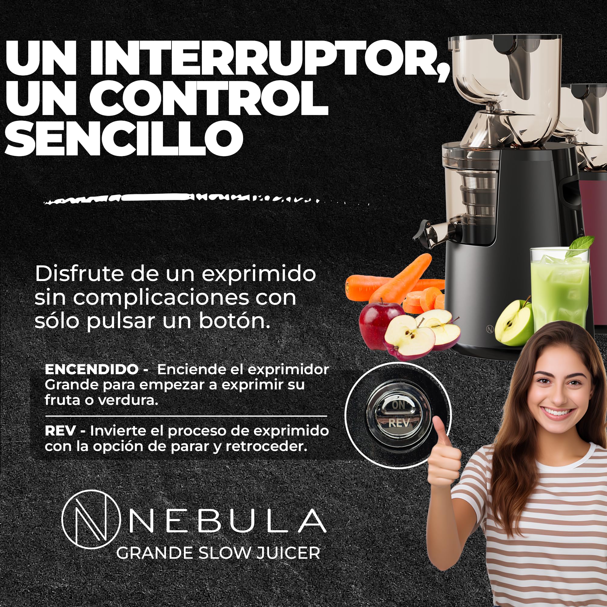 Nebula Grande Exprimidor En Frío, Frutas Y Verduras Enteras | Rojo Intenso | Recipiente De Carga De Cuello Ancho, Sin BPA, 45RPM, Motor Profesional, Fácil De Limpiar