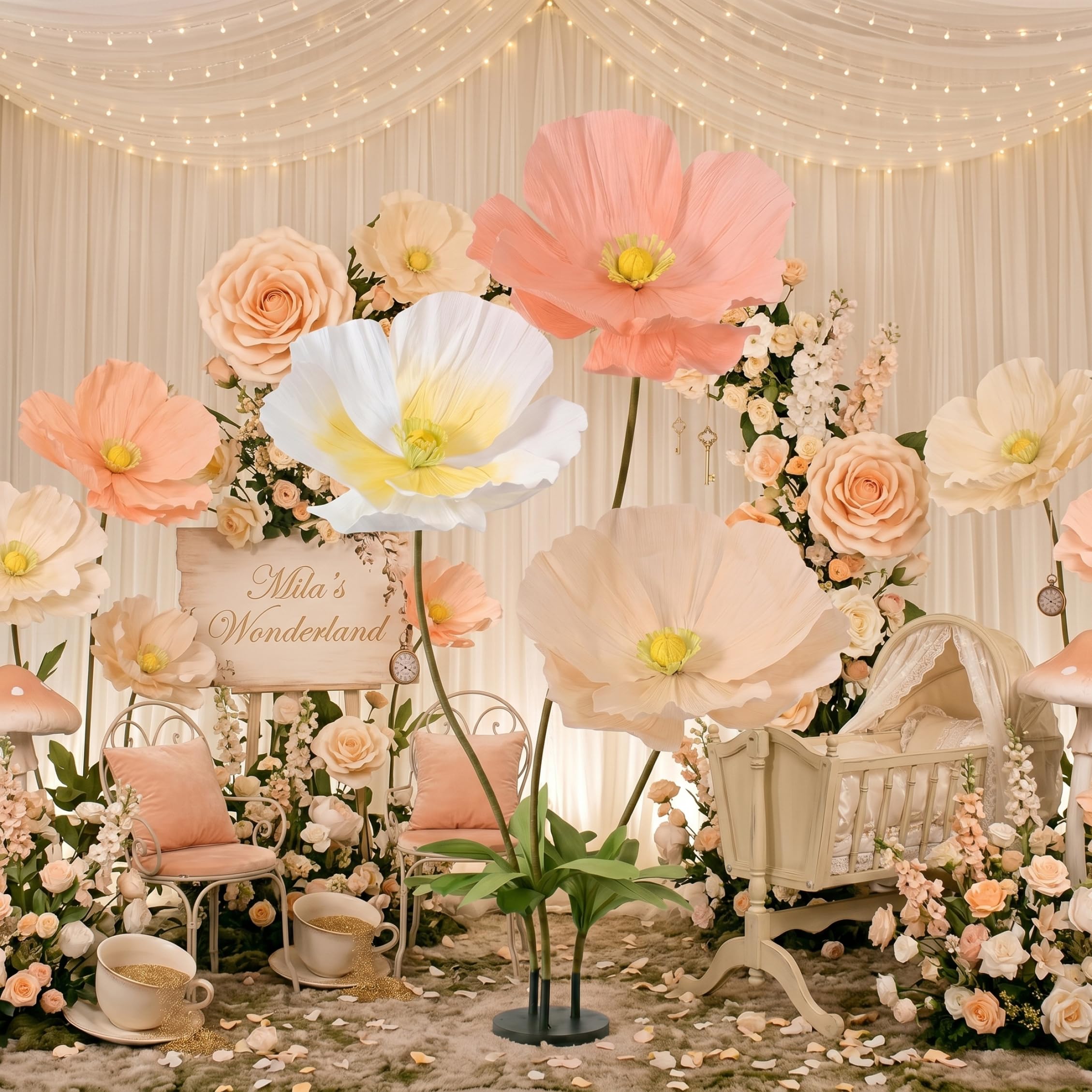 Riesenblumen, Riesenblumen zur Dekoration mit Ständer, künstliche Mohnblumen für Garten, Hotel, Büro, Fotografie-Requisiten, Hochzeit, Kunstgalerie, Schaufensterauslage – 6 Fuß/170 cm